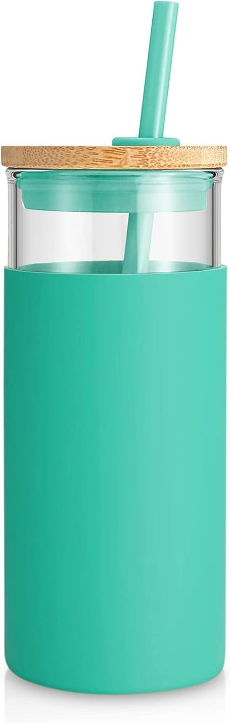 Tronco 20 Oz Glass Tumbler with Lids and Straws, Glass Water Bottle Silicone Protective Sleeve, Iced Coffee Cup with Bamboo Lid, Reusable Smoothie Cup, BPA Free (Blue Horizon 1 Count)