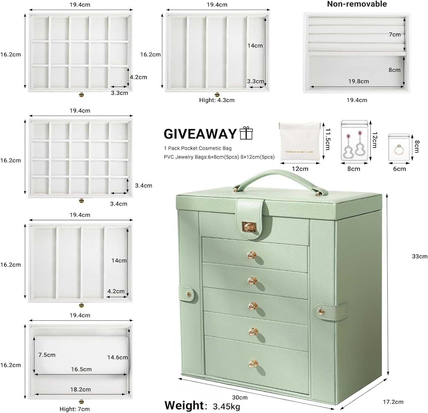 LIAN 6-Layer Large Jewelry Box with Big Mirror Functional Huge 5 Drawers Leather Jewelry Storage Case for Women Girls Ring Necklace Earring Bracelet Holder Organizer (Large-Pale Green) - Large-Pink image number 2