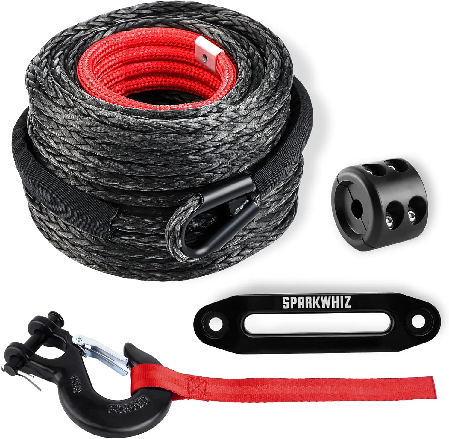 SPARKWHIZ Synthetic Winch Rope Cable Kit, 3/8" X 100 Ft 26500LBS Winch Line Cable with Protective Sleeve+Winch Fairlead+ Stopper+Hook for for 4WD off Road Vehicle Truck SUV ATV UTV image number 1