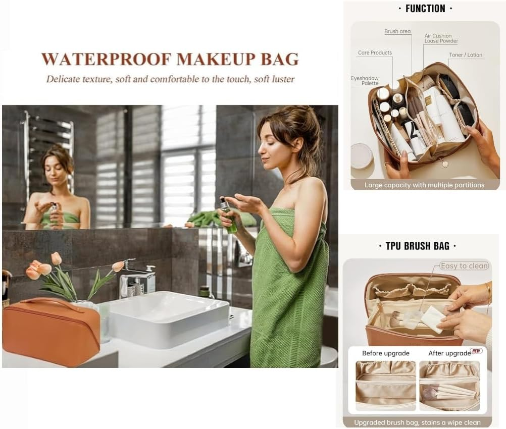 Waterproof Leather Makeup Bag with 180&deg; Opening &ndash; Organized Storage for Cosmetics, Ideal for Travel & Gifting,Leather Toiletry Bag with Handle, Tan Brown, Zip Closure, Travel Cosmetic Case, AUPOINT image number 1
