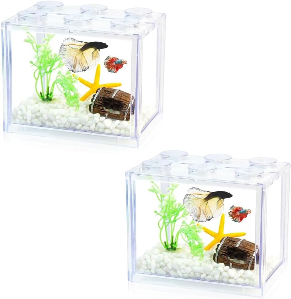 2 Pack Small Betta Fish Tank &ndash; Stackable Clear Aquarium, Mini Fish Tank for Turtles, Jellyfish, Goldfish, Shrimp & Insects image number 5