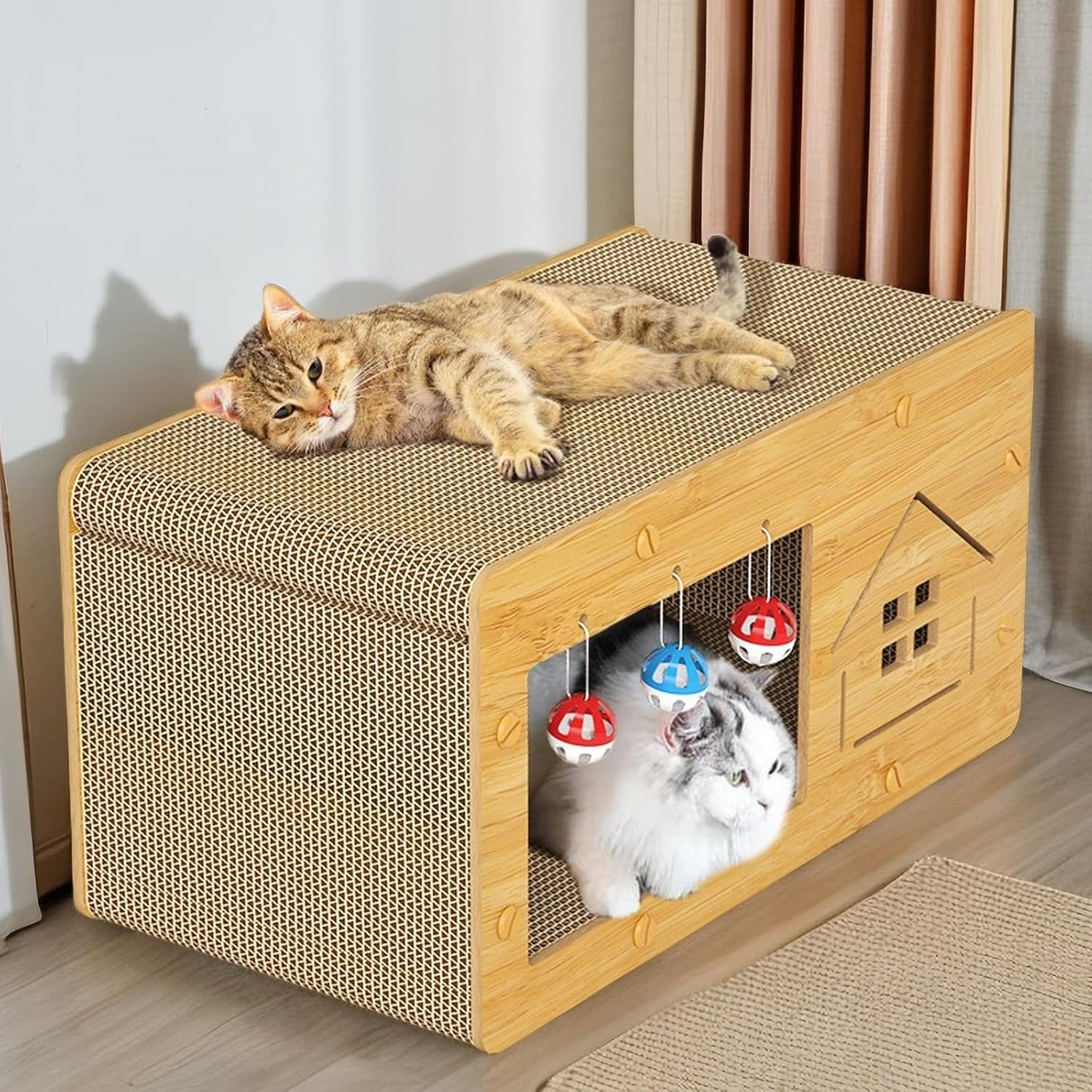 Cat Scratching House Cardboard Cat House with Cat Scratching Pads Cat Bed Condo with Bell Fluffy Ball for Multi Small Pet Large Kitty Easy to Assemble Large image number 5