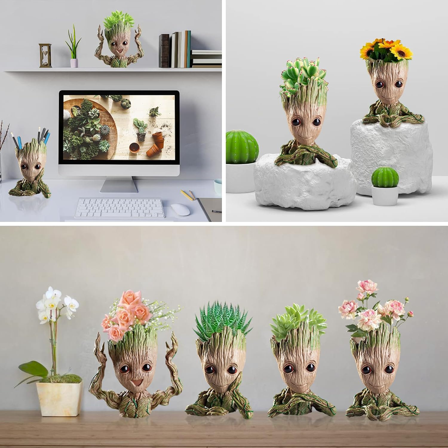 4 Styles Flowerpot Baby Groot Flower Pot Succulent Planter Pot Pencil Holder Office Party Ornament Christmas Birthday Gift (4 Styles) image number 1