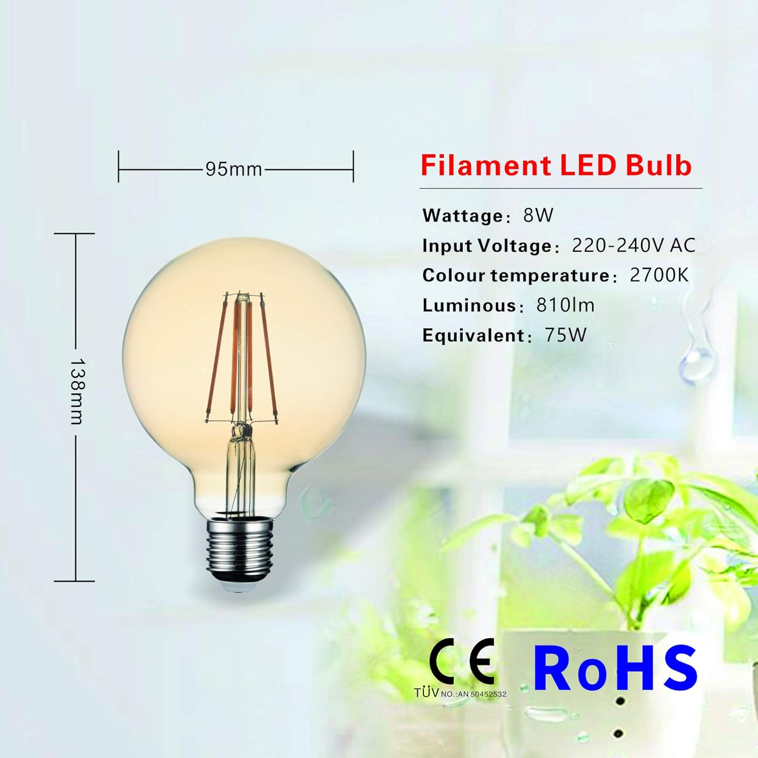 SD LUX LED Light Bulb Base E27 Globe G95, 8 W 850 Lumen Filament Bulbs, Replaces 75 W Filament Bulb, 2700 K Warm White Bulbs, Screw Edison Lamp, Not Dimmable, Pack of 2 (Amber)