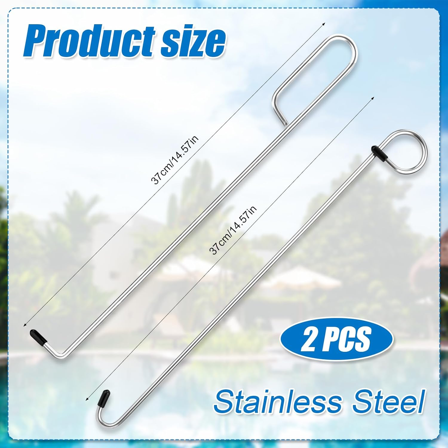 2Pcs Swimming Pool Skimmer Basket Hook, 14.57In Long Stainless Steel Skimmer Basket Handle Skimmer Lid Lifting Extension Hook Debris Remover Tool Knee & Back Saver