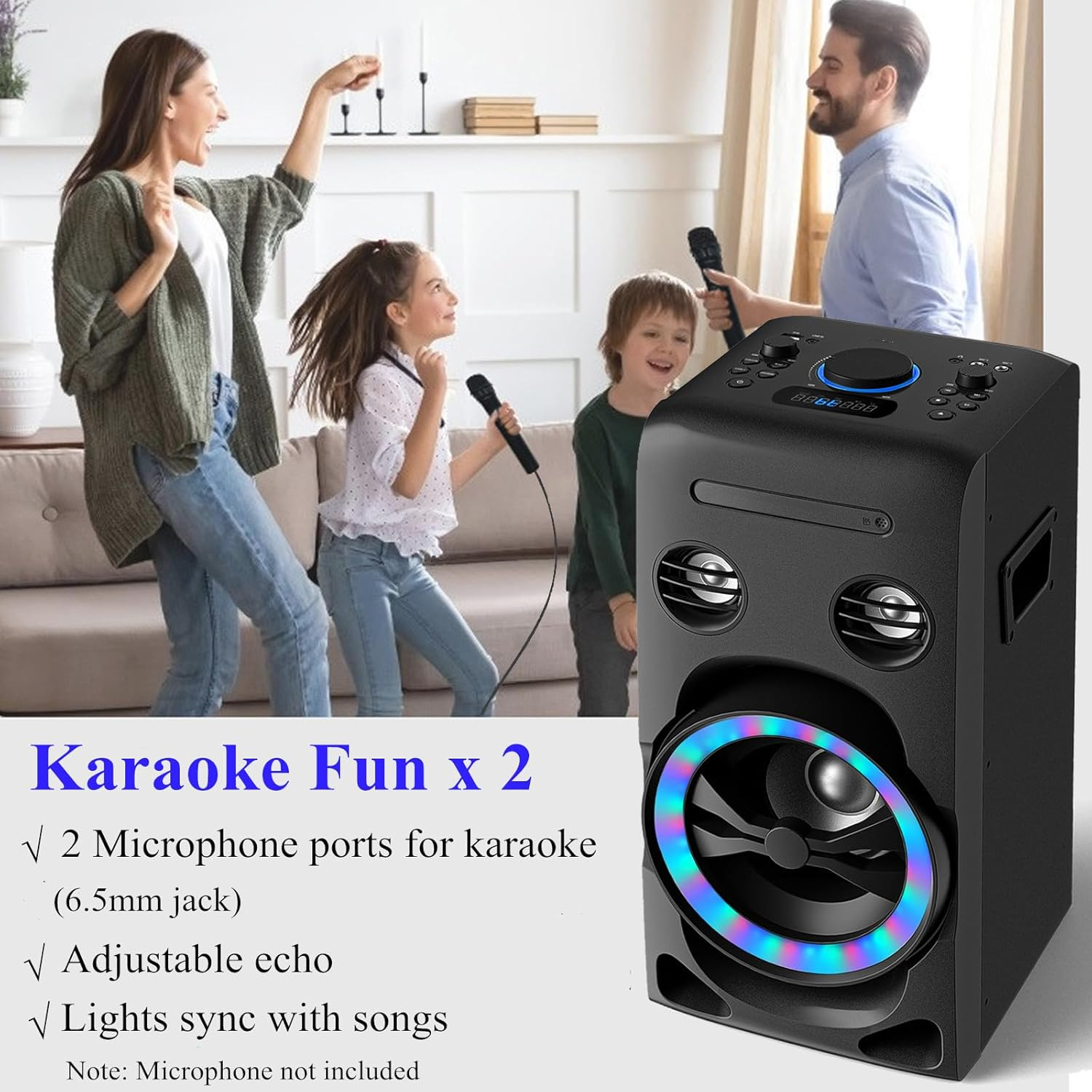 100W Home Stereo System with CD Player, FM Radio, Bluetooth, AUX In/Usb In, Karaoke Function, Earphone Jack, LED Lights, Remote Control Included image number 2