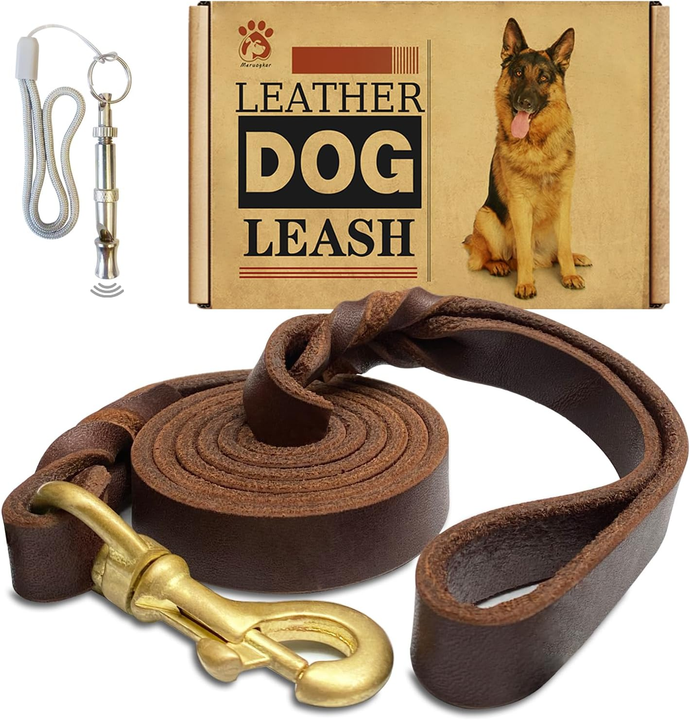 MERUOGKAR Leather Dog Leash, 5Ft X 3/4 Inch, Heavy Duty Genuine Leather Braided Dog Training Leash, Comfortable for Large, Medium, Small Dogs (Brown, 5Ft*3/4In)