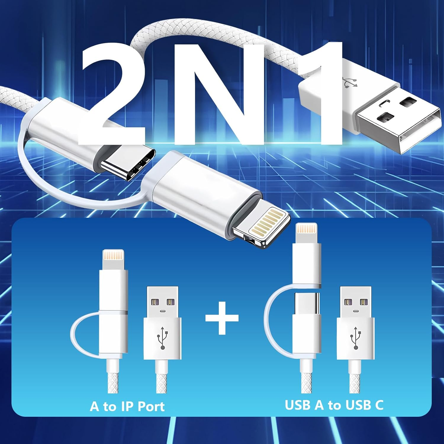 AMITOME 2 in 1 USB a to IP and USB C Car Cable 1M,60W Braided Fast Charging Cord Power Delivery for Iphone Charging Cord Compatible with Iphone 16 15 14 13 12 11 Pro Max Mini XS XR