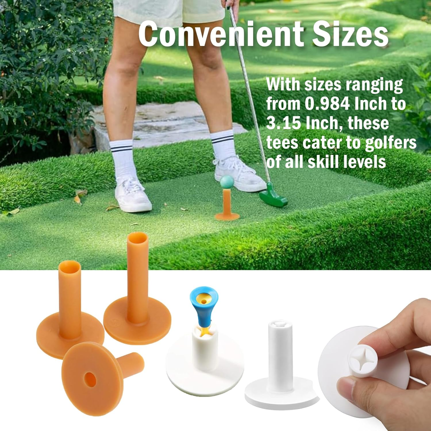 Golf Rubber Tees Holder Set, 6 Pieces Driving Range Tees, Multiple Heights 0.984-3.15 Inch, White and Yellow Plastic Colorful Golf Tees for Golf Practice Mat image number 4