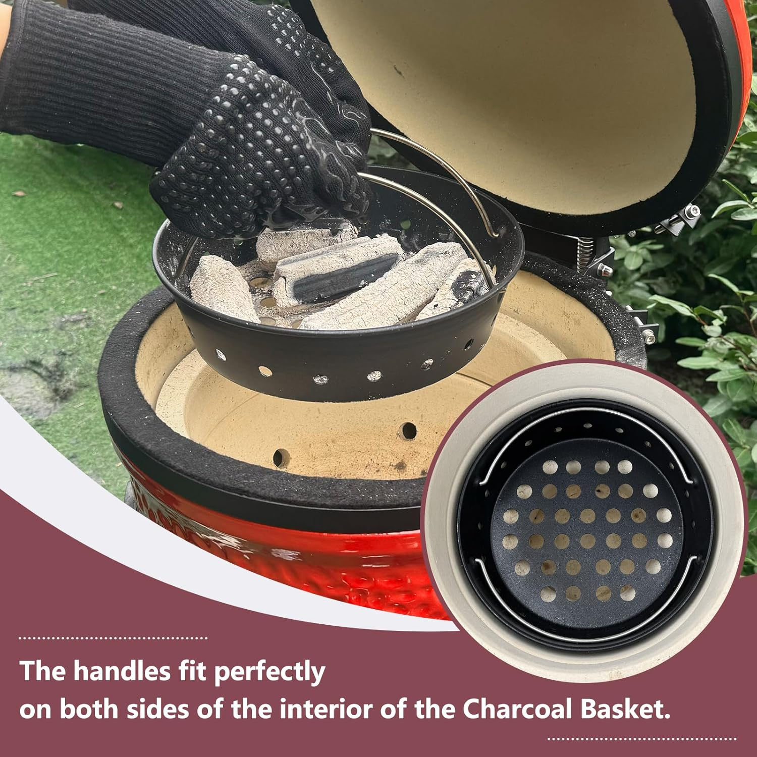 Vankey Charcoal Ash Basket, Carbon Steel Charcoal Holder for Kamado Joe Jr & Minimax Big Green Egg Grills, Heat-Resistant Stainless Steel Handle, 9" X 2.75" Round, Green