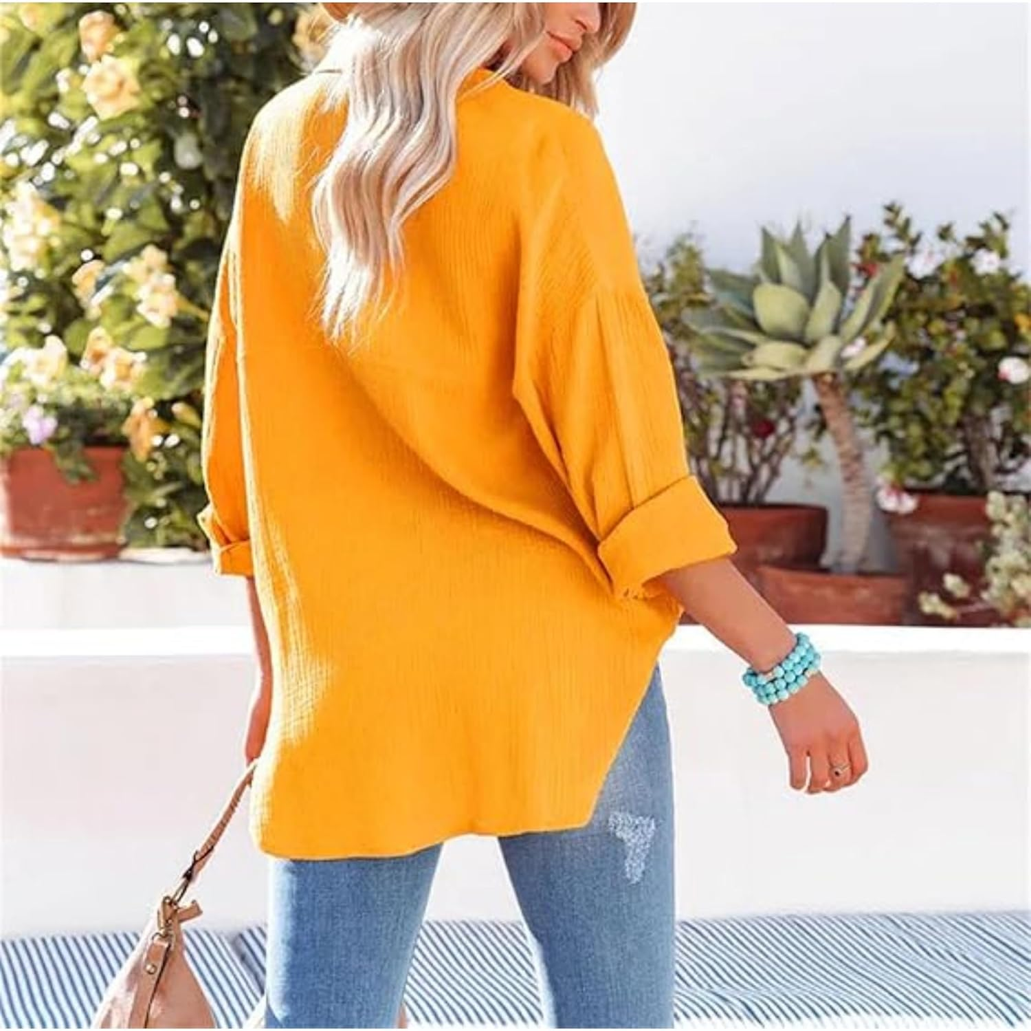Women'S Beach Wear Long Sleeve Shirt Casual Collared Shirt Loose Blouses Button down Shirts with Front Pocket image number 5