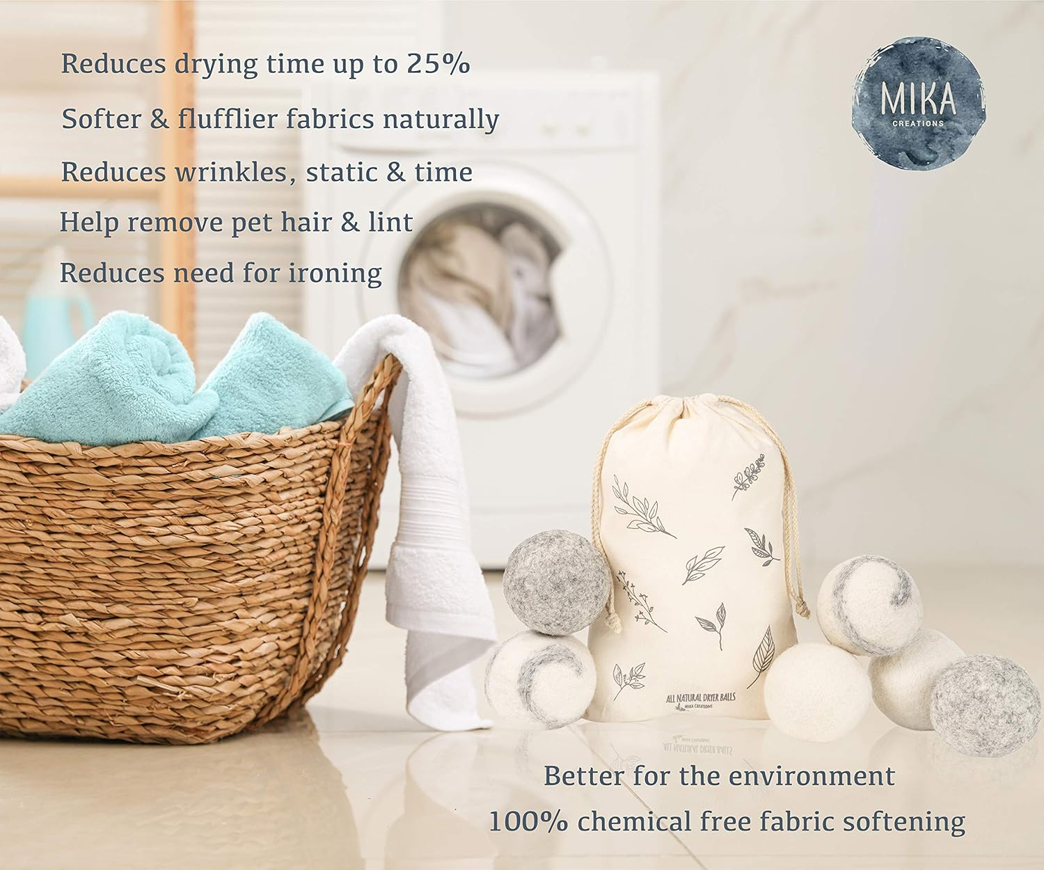 Wool Dryer Balls Premium 6 Pack Mixed Colours | Natural Fabric Softener | Reduces Wrinkles & Drying Time | Reusable & Sustainable Eco-Friendly Laundry Balls -Dryer Sheets Alternative | Mika Creations image number 2
