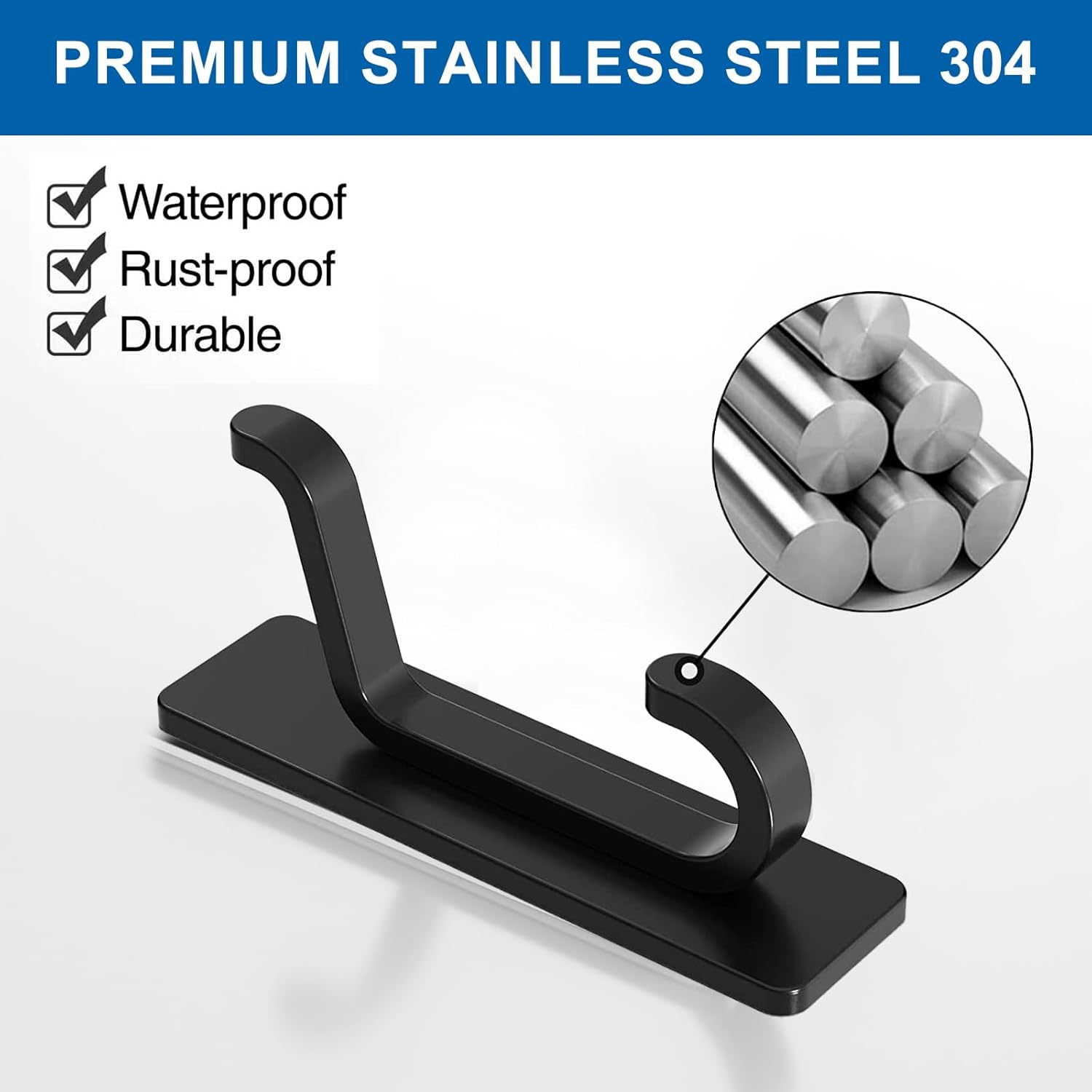 Adhesive Wall Hooks Heavy Duty 6KG/13LB - 4 Pack Black Stick on Hooks for Towels, Coats, Bags No Damage Hanging Hooks for Bathroom, Dorm, Closet (Metal Hooks for Robe, Purse, Backpack)