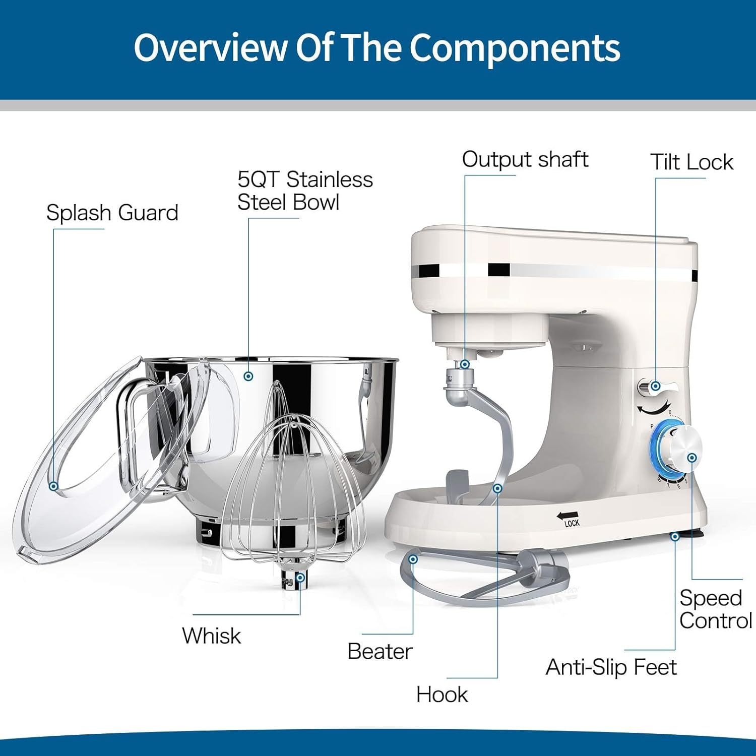 WOOYOOTE Stand Mixer Dough Blender, 5 QT 1000W Food Mixer Electric Cake Mixer with Bowl, Beater, Hook, Whisk, Egg Separator & Silicone Spatula, Dishwasher Safe image number 2