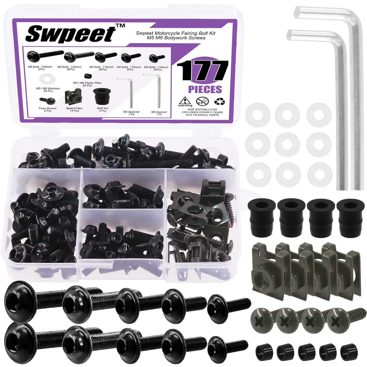 Swpeet 177Pcs 2 Sizes M5 M6 Motorcycle Fairing Bolt Assortment Kit, Motorcycle Windscreen Screws Fasteners Fixing Sportbike Bolts Fairing for All Models & Years Sport Bikes (Black)
