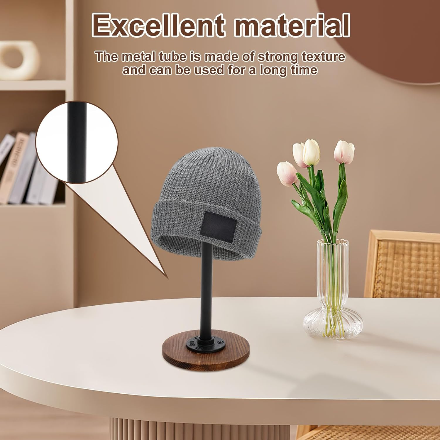 Hat Stand and Wig Display Rack, Burnt Wood Hat Holder Stand, Adjustable Height Hat Holder, with Industrial Metal Pipe Industrial Style Wig Rack, Stable Jewelry Display, Riser Tabletop Helmet image number 1