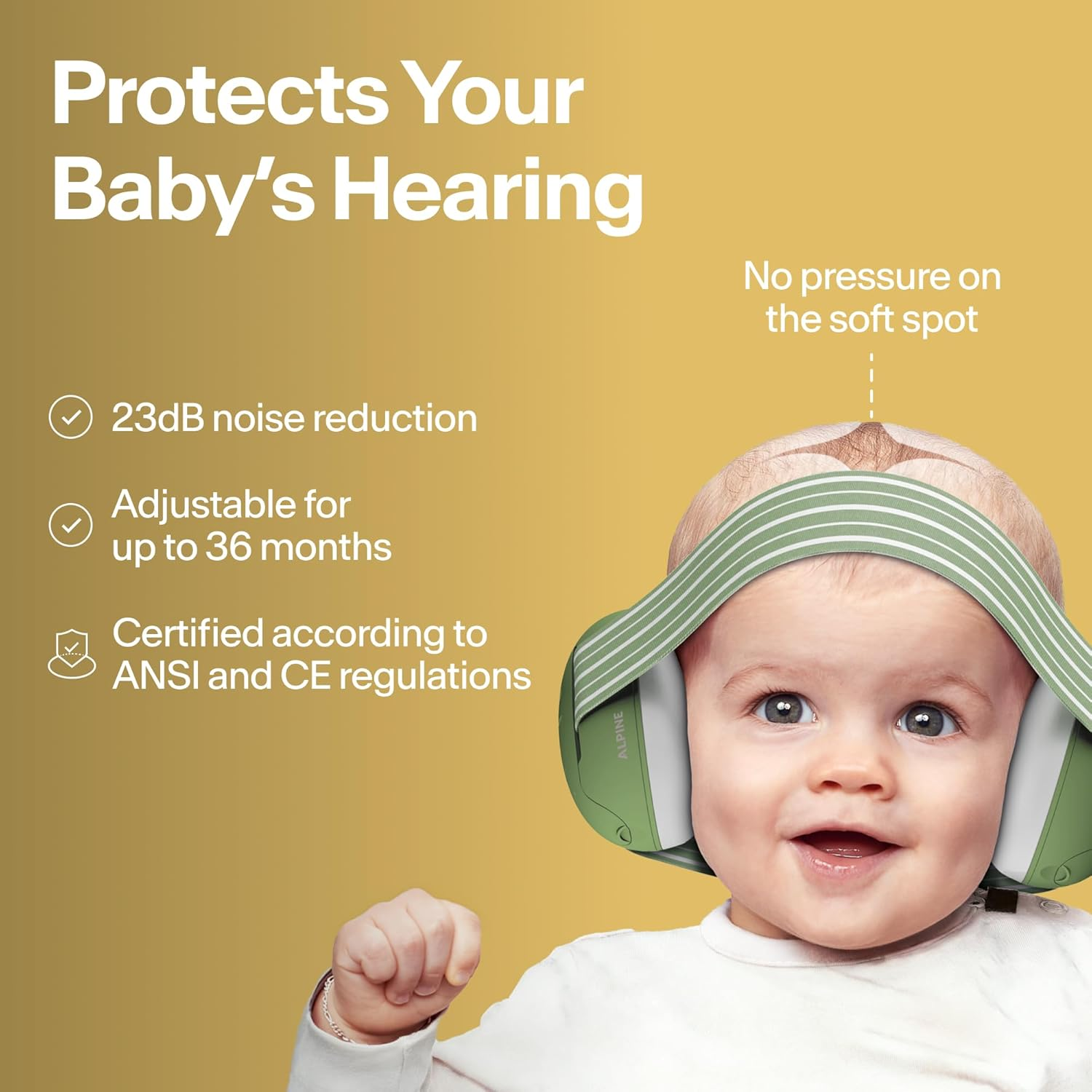 Alpine Muffy Baby Ear Protection for Babies and Toddlers up to 36 Months - CE & ANSI Certified - Noise Reduction Earmuffs - Comfortable Baby Headphones against Hearing Damage & Improves Sleep - Yellow - Green image number 6