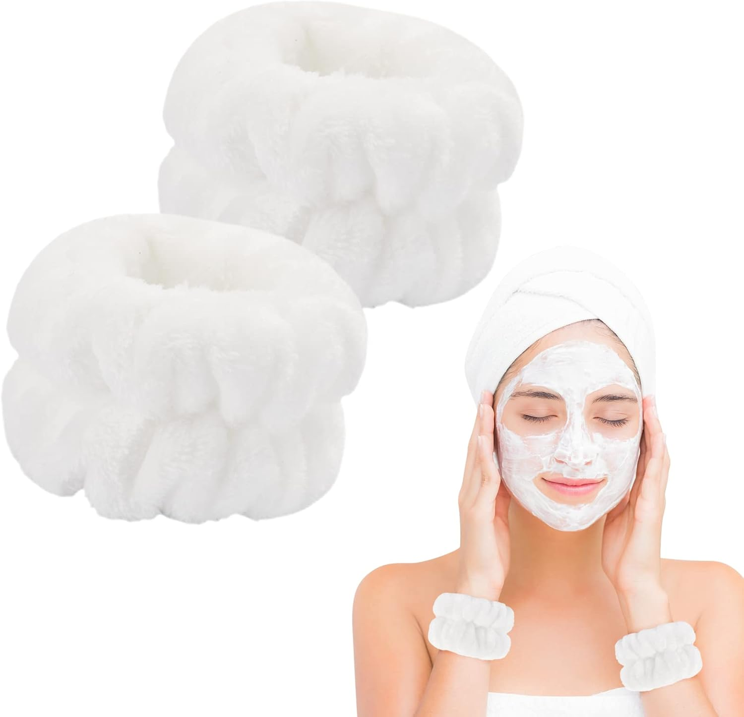 2 Pcs Wrist Towels - Microfiber Spa Wristbands for Women & Children (White) image number 1