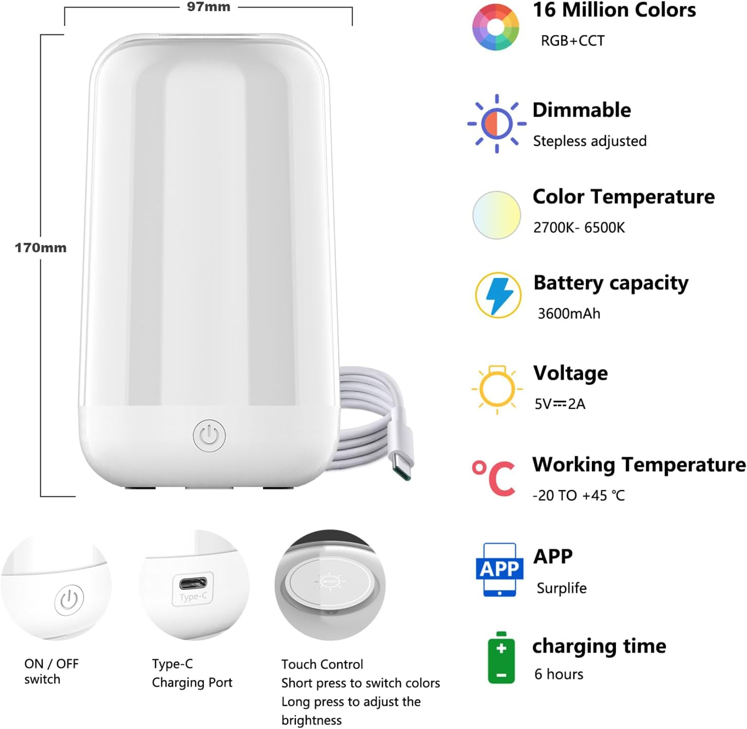 Smart Touch Table Lamp, Dimmable Small RGB Bedside Bed Lamp for Bedroom, Cordless LED Night Desk Lamp Rechargeable Color Changing Nightstand Mood Cozy Lamp for Living Room Baby Nursery image number 1