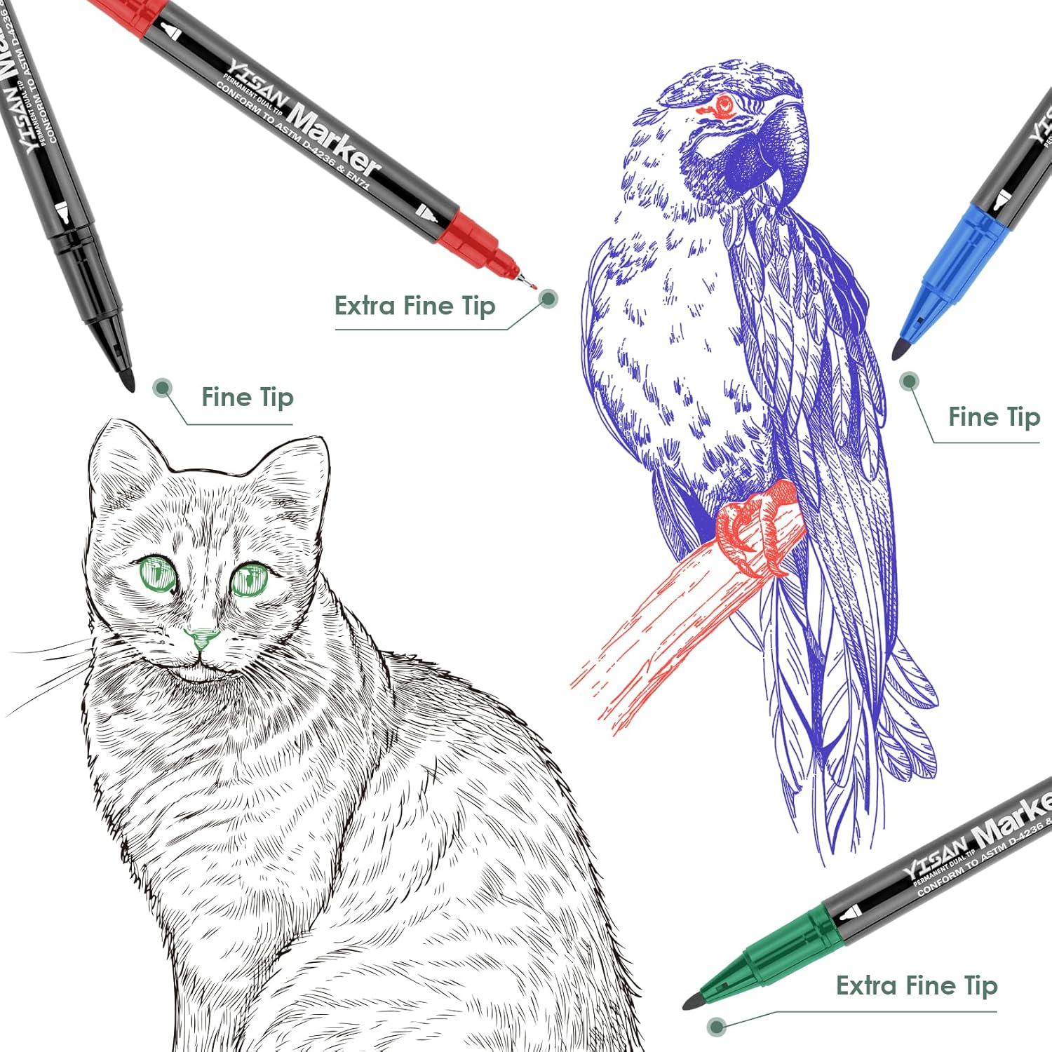 YISAN Permanent Marker Thin Permanent Pen 4 Colours with Fine Double Tip, 12 Waterproof Felt Tip Pens for Glass, Stone, 70795 image number 2