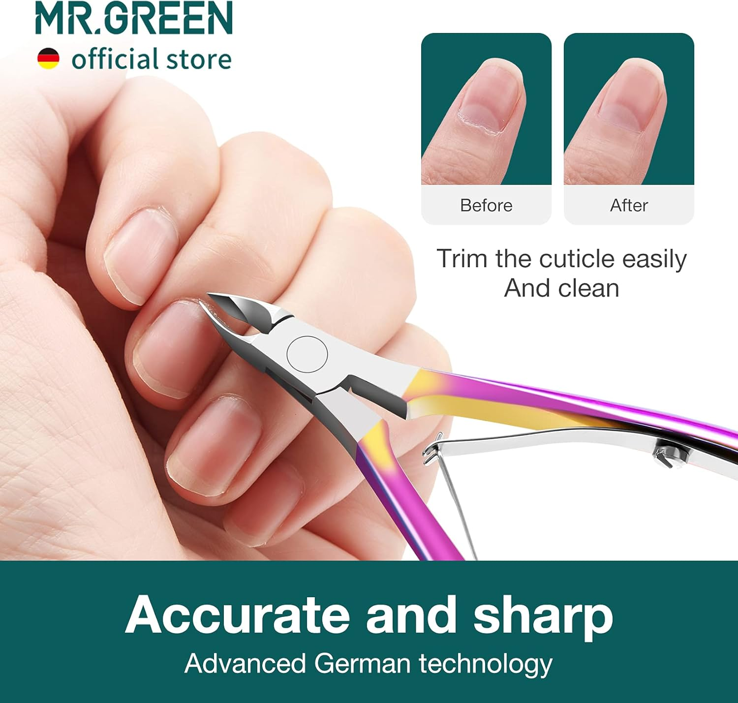 MR.GREEN Cuticle Nippers Gorgeous Colorful Cuticle Scissors Nail Manicure Clippers Trimmer Dead Skin Remover Cutters Beauty Tool (Colored Titanium+Pusher) image number 3