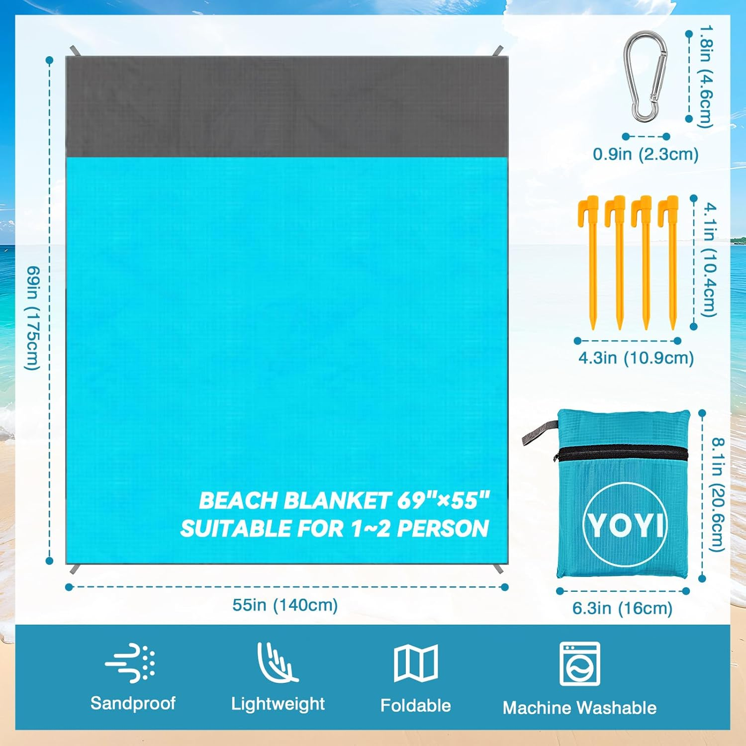 YOYI YOYI Sandproof Beach Mat, Waterproof Picnic Blanket, Lightweight Portable Beach Mat for 1-2 Adults, Quick Drying Travel Rug For&ndash;For Beach, Picnic, Outdoor Adventures & Hiking(175X140Cm) image number 3