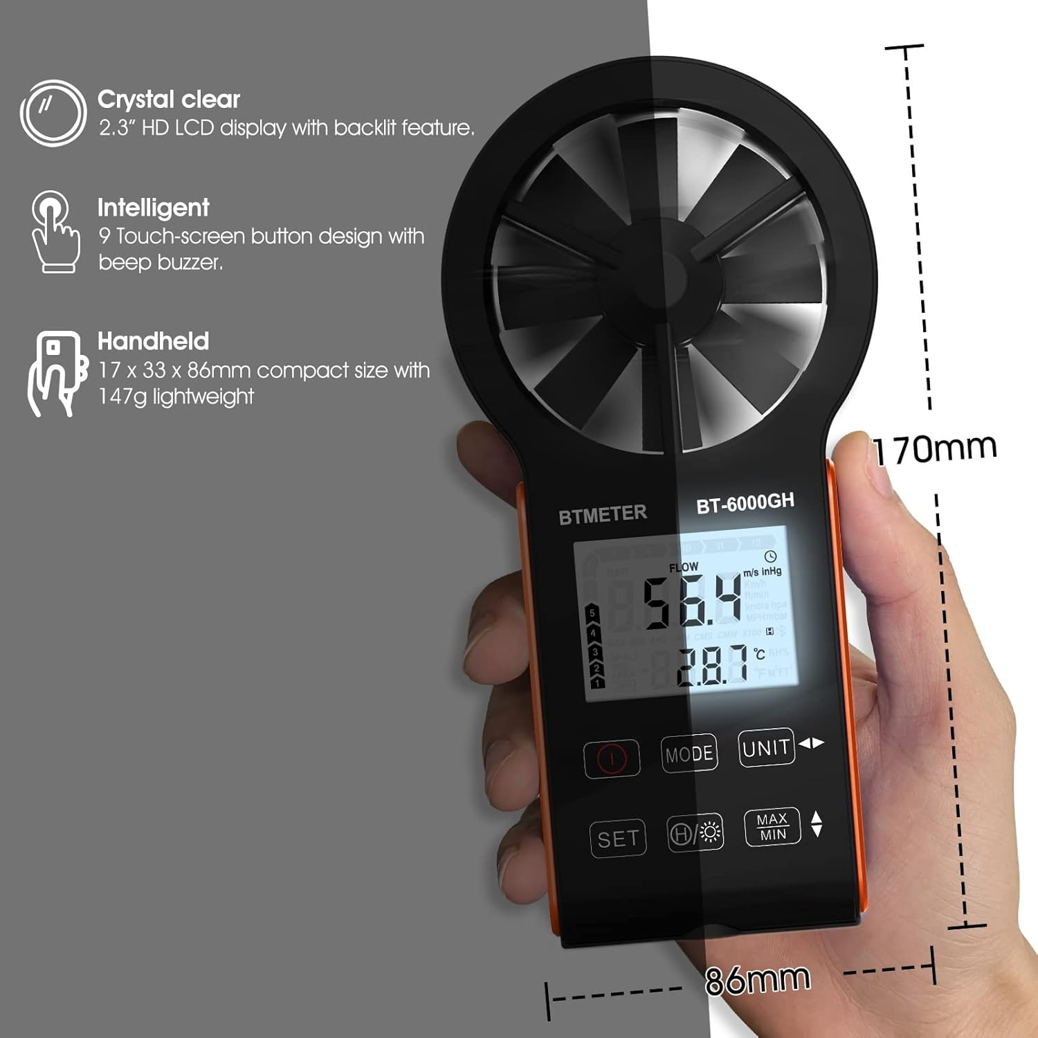 BTMETER Anemometer CFM Wind Meter, Air Flow Gauge Measure Wind Speed 0.3~30M/S, Monitor Airflow Volume 0-999900 Ft3/Min for HVAC Duct Air Vent, Touch-Screen Windometer 6000GH image number 4