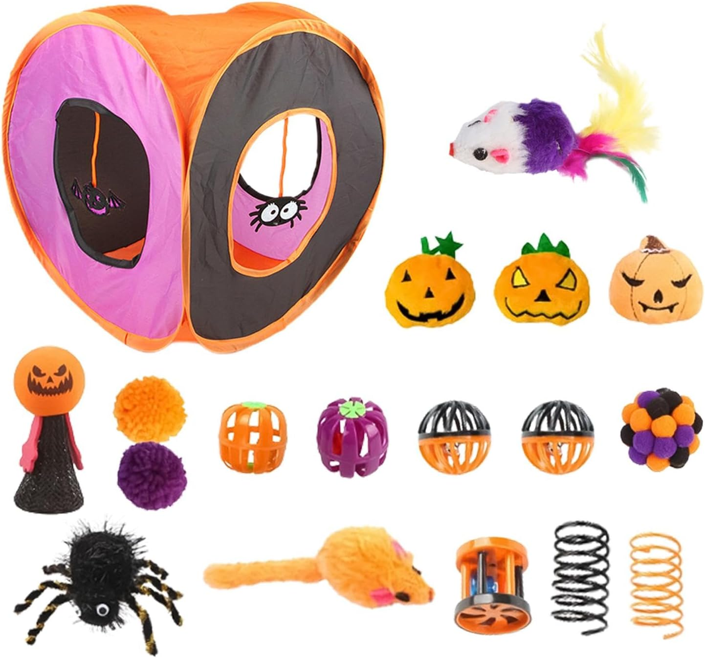 Indoor Cat Toys, Cute Interactive Cat Tunnel, Interactive Feather Ball Spring Toys Cat Cube, Halloween Folding Square Tunnel for Cats and Kitty