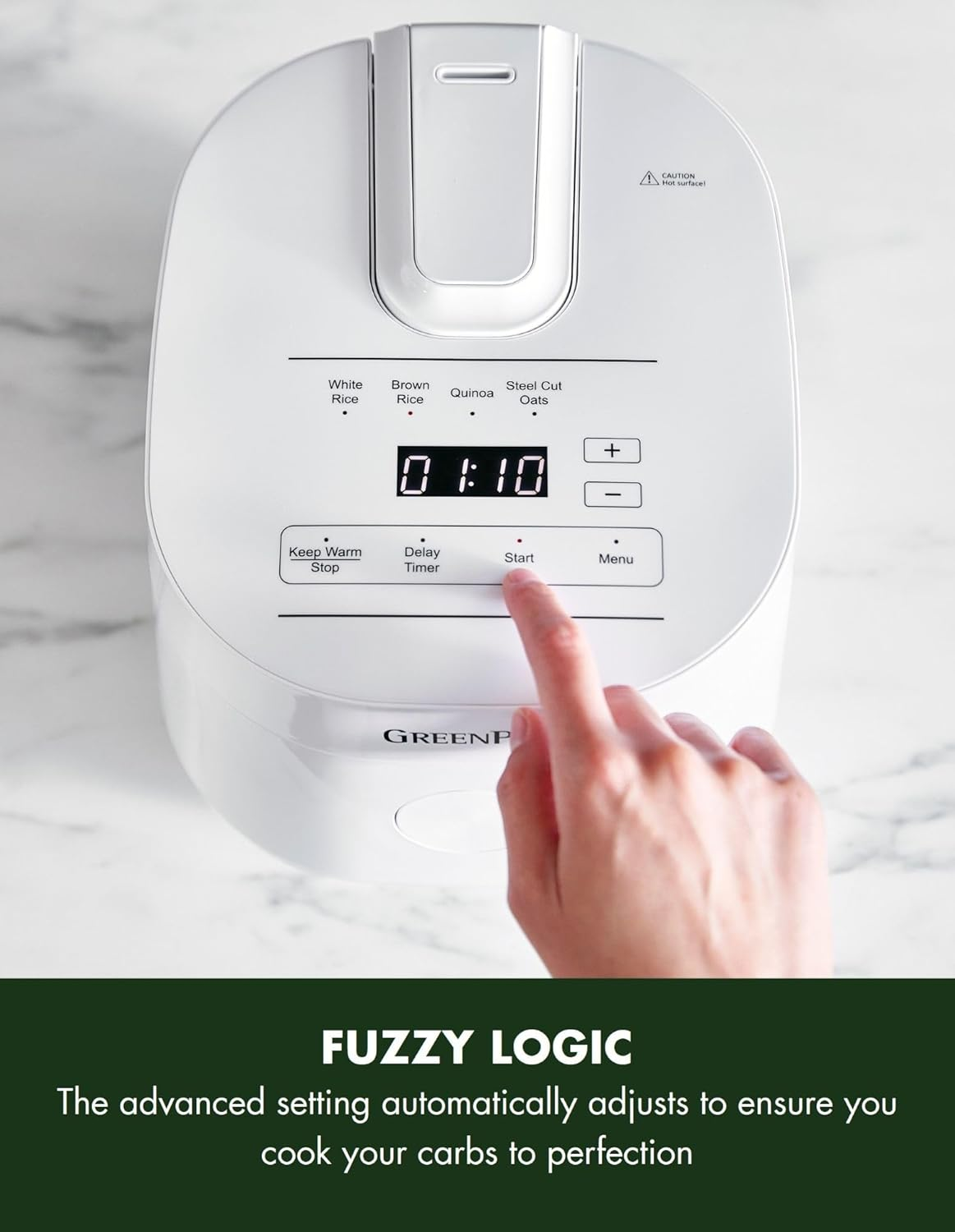 Greenpan Bistro Rice and Grains Cooker 2L White, PFAS & Pfoa-Free Removable Ceramic Dishwasher Safe Pot, Healthy Cooking, Auto Presets & Keep Warm, Touchscreen, Paddle Included, White image number 3