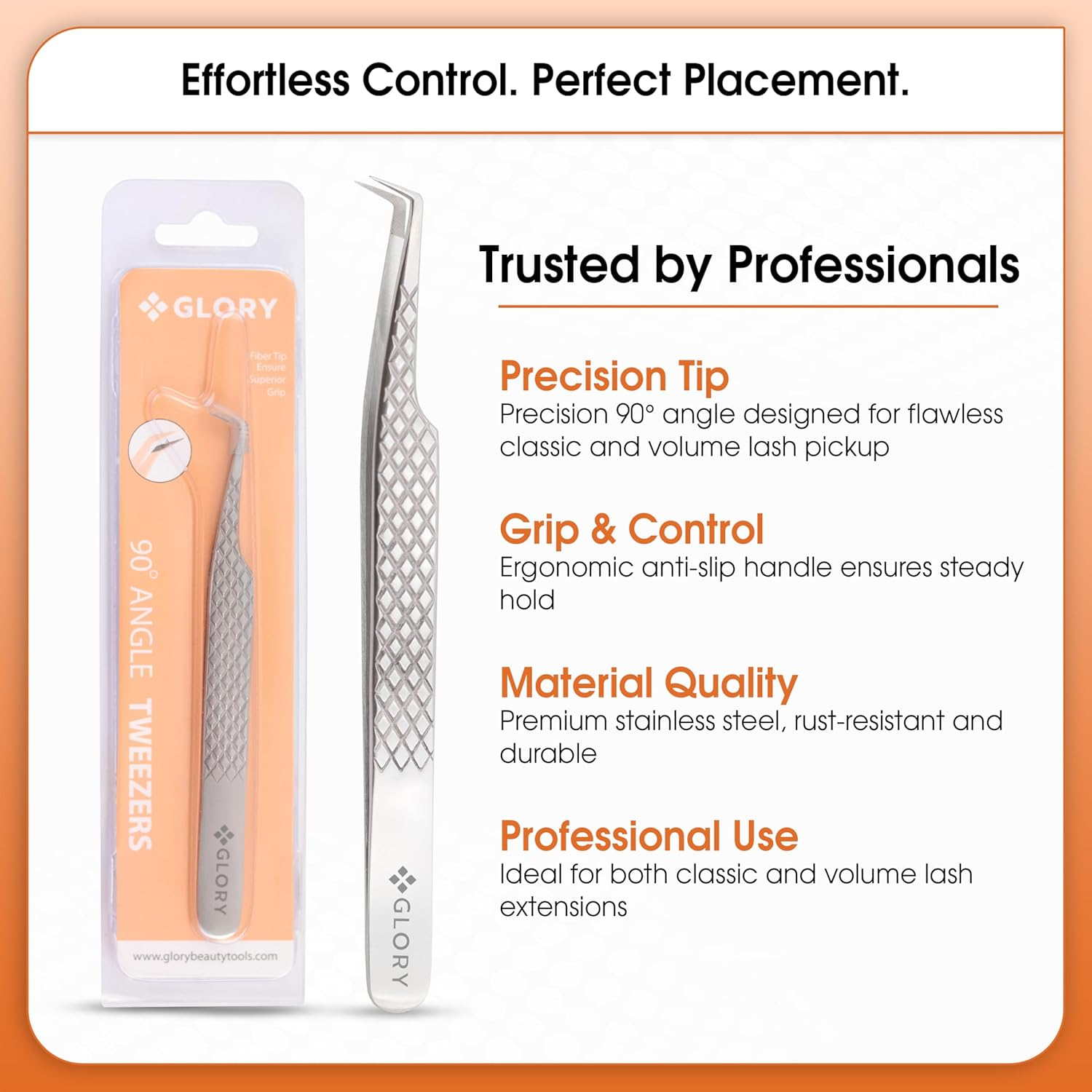 Glory 90 Degree Angle Lash Tweezers for Eyelash Extensions &ndash; Precision Fiber Tip Diamond Grip Stainless Steel Lash Tool for Mega Volume, Classic & Professional Lash Tech Supplies image number 1