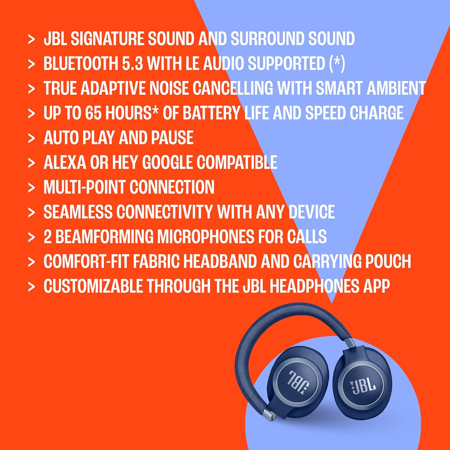 JBL Live 770NC - Wireless Over-Ear Headphones with True Adaptive Noise Cancelling with Smart Ambient, up to 65 Hours of Battery Life, Comfort-Fit Fabric Headband & Carrying Pouch (Blue) - Black1 image number 5