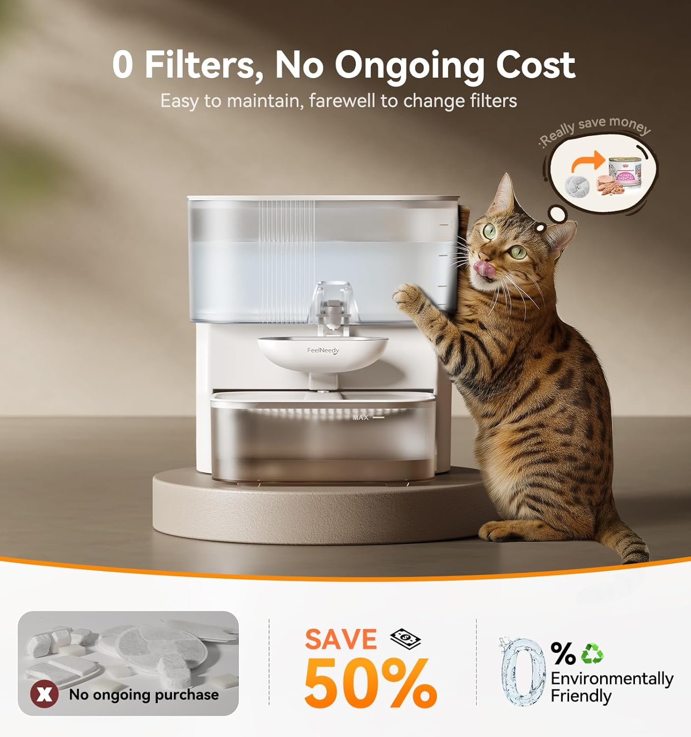 Wireless Cat Water Fountain No Filters, Wastewater Separation, FEELNEEDY Stainless Steel Bowl, 3.5L Pet Water Fountain for Cats & Dogs Dispenser, White image number 2