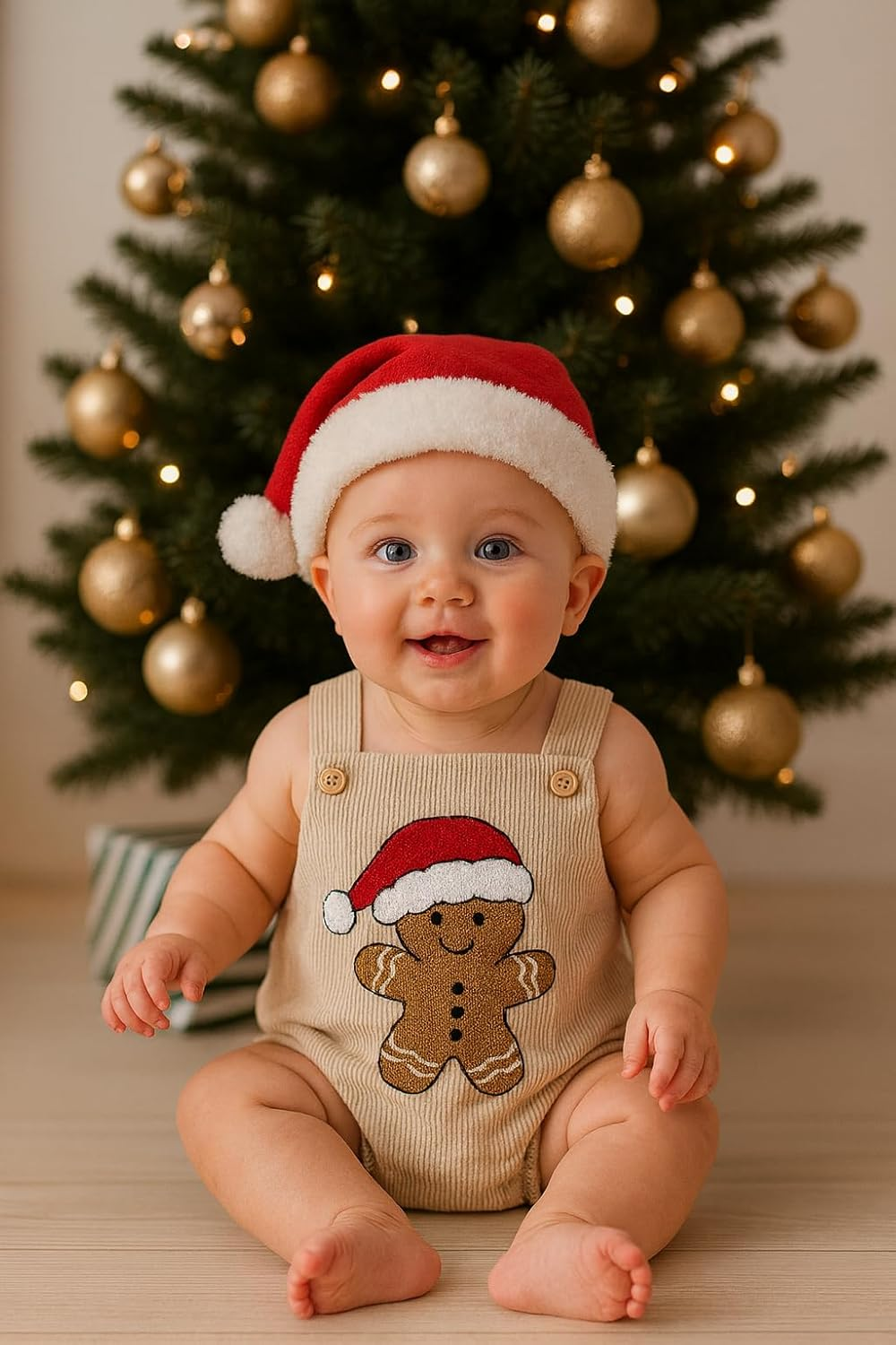 Baby Christmas Festive Romper, Beige Burgundy Green Corduroy with Gingerbread Reindeer Tree Design for Newborn Infant Toddler Unisex 0-18 Months image number 1