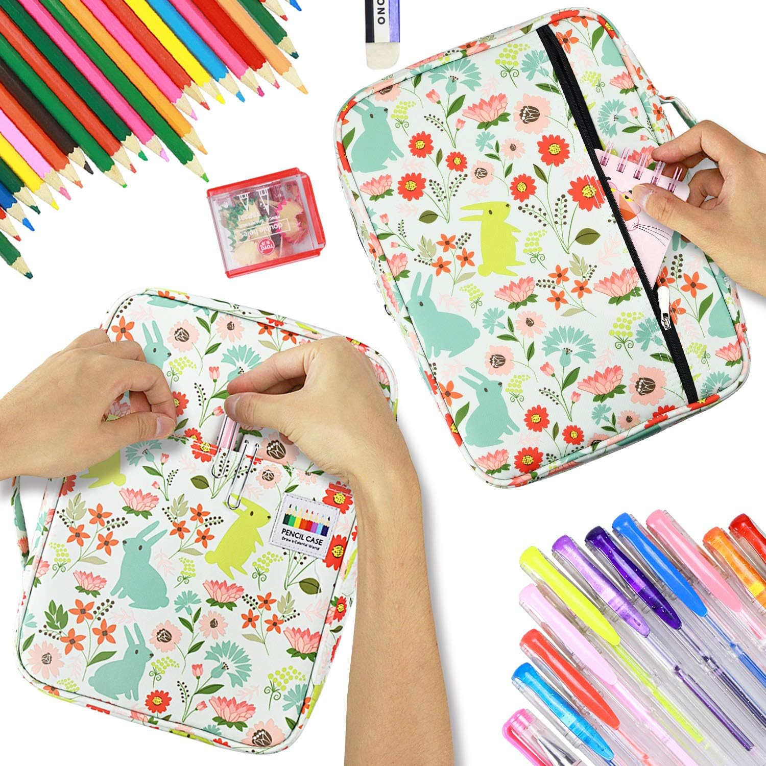 YOUSHARES Colored Pencil Case 220 Slots Pen Case Organizer with Handy Wrap & Zipper, Multilayer Holder for Prismacolor Colored Pencils & Gel Pen (Rabbit) image number 3