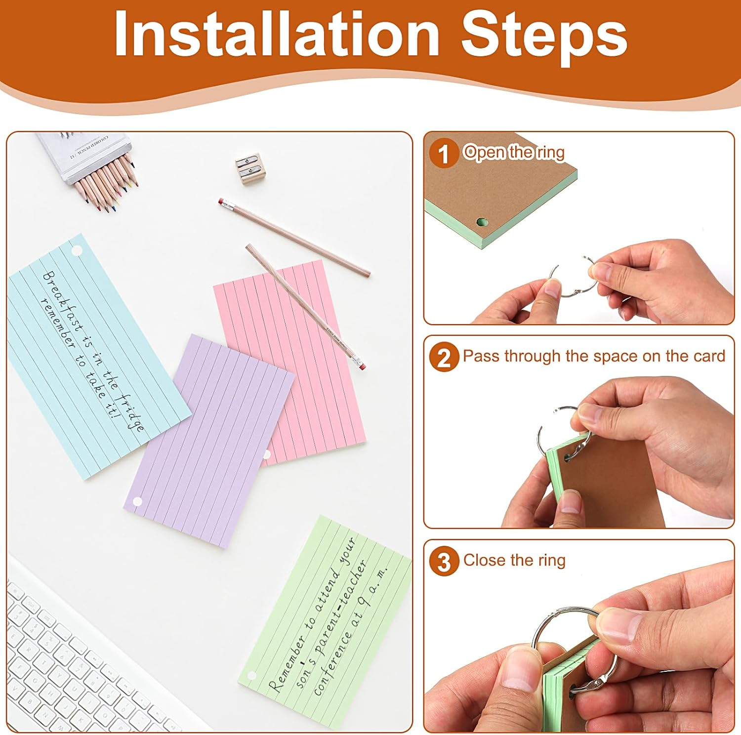 300 Sheet Flash Cards Revision, A7 Lined Index Cards with Kraft Paper, Flashcards with 6 Binder Rings, Cue Cards for Office, School, Home Study Records image number 6