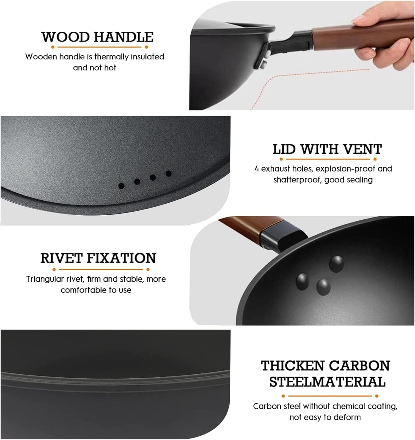 Lyeef Nonstick Wok, 13-Inch Carbon Steel Wok Pan with Lid Woks & Stir-Fry Pans No Chemical Coated Wok with Spatula Flat Bottom Cookware Chinese Wok for Induction, Electric, Gas, Halogen, All Stoves image number 3