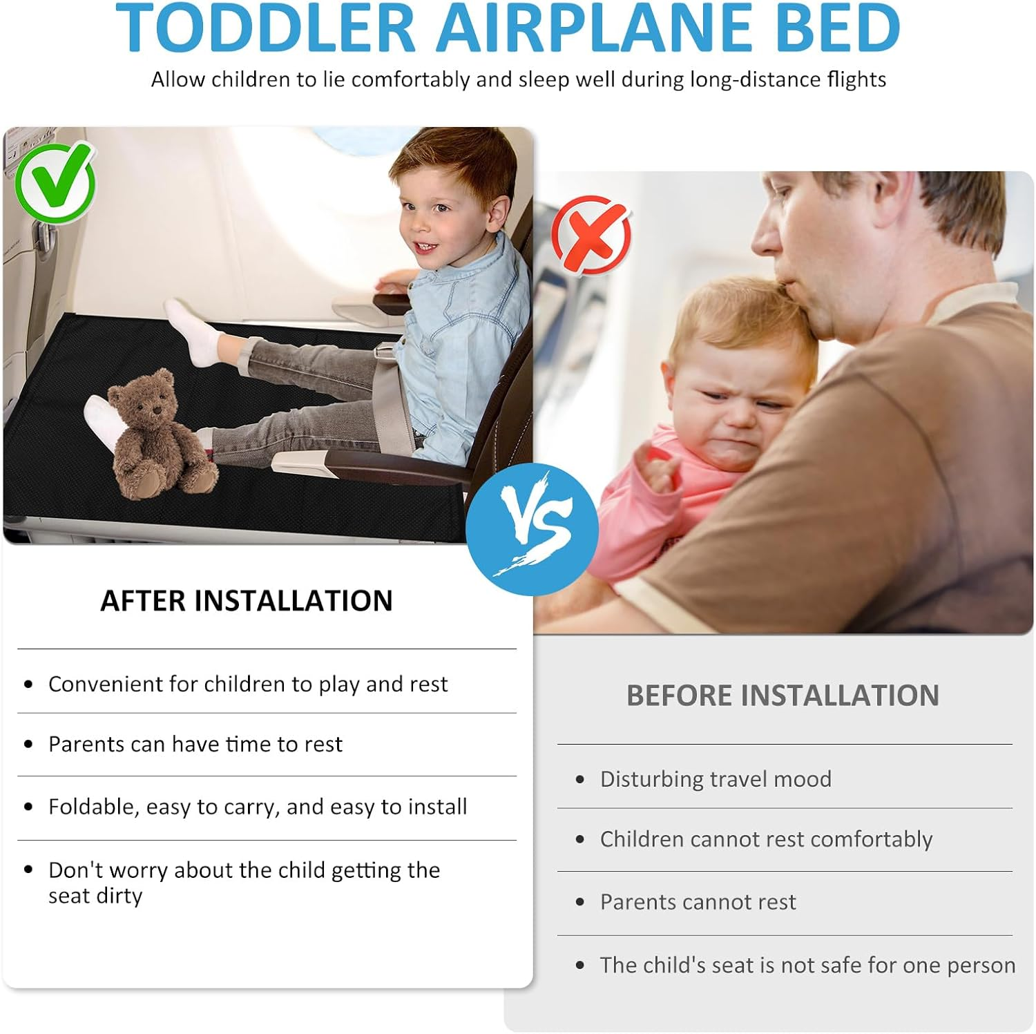 Toddler Airplane Seat Extender, Airplane Bed for Toddler Lightweight Portable Airplane Footrest with Buckle Easy Installation Airplane Seat Extender Comfortable Polyester Airplane Bed (Medium)