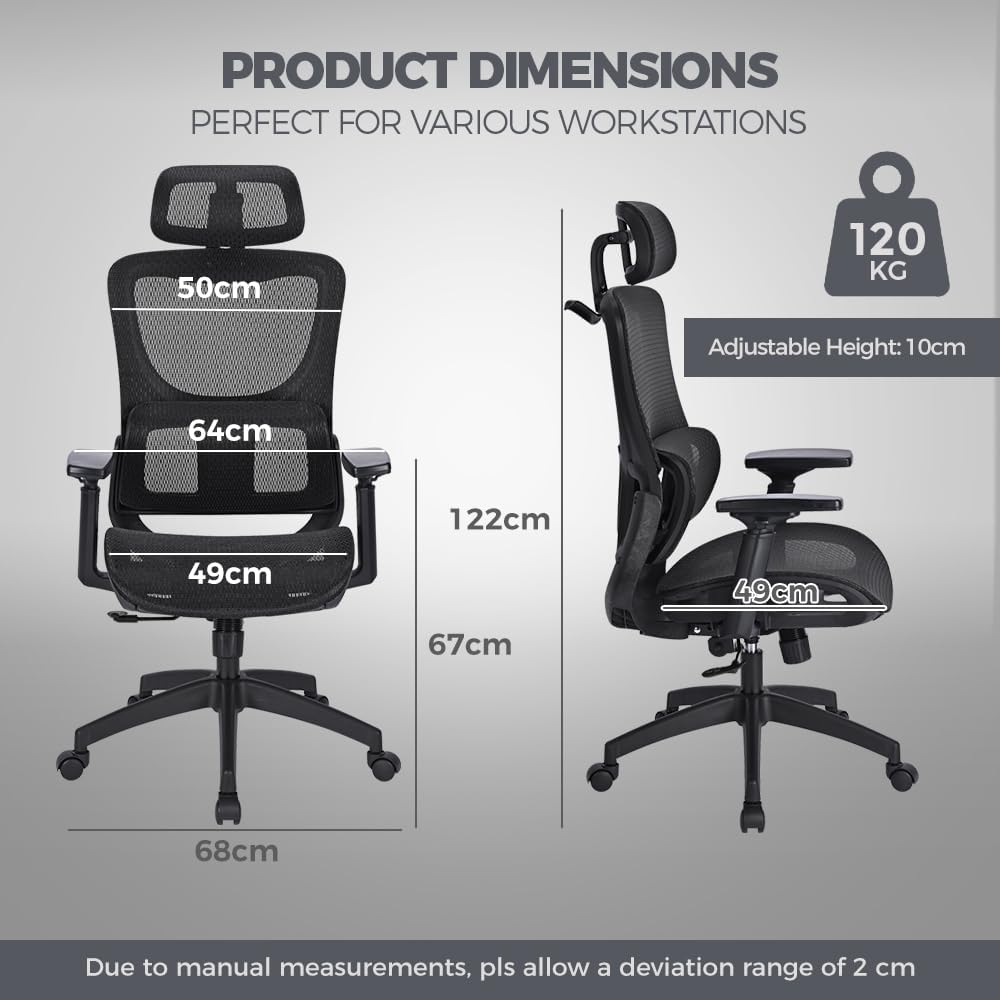 Furb Ergonomic Office Chair with Breathable Mesh, Adjustable Headrest High Back Computer Desk Office Chair for Home Office, Gaming, and Study Black image number 3