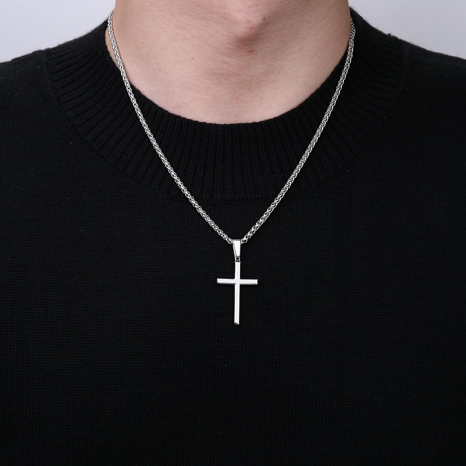 Kakonia 925 Sterling Silver Cross Necklace for Men Women 3Mm Stainless Steel Wheat Cross Chain Crucifix Pendant Silver Cross Chain Necklace Jewelry 16-30 Inches image number 6