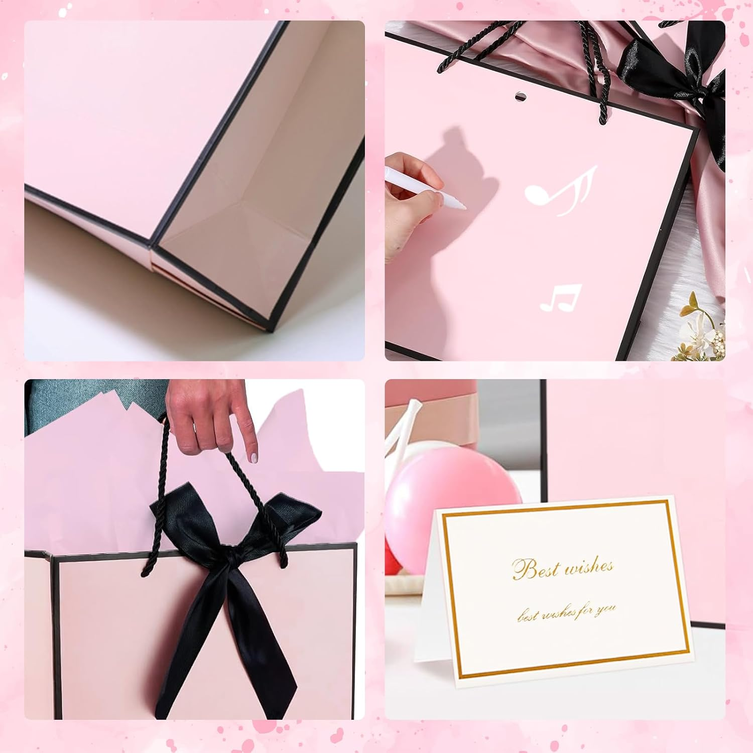 10 Pack Pink Black Bow Gift Bags with Handles, 32 X 25 X 11CM Large, Contains 20 Sheets Tissue Papers & 10 Greeting Cards for Wedding, Birthday, Valentine'S Day, Paper Bags image number 2