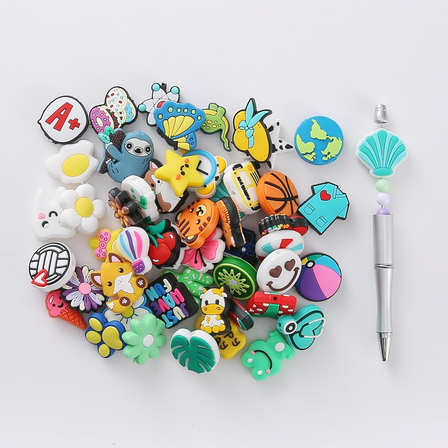 Silicone Focal Beads for Pens & Keychains, Bracelet &ndash; Bulk DIY Jewelry Making Kit, Creative Designs | Random Non-Repeat Beadable &ndash; Animals, Food, Sports, Fruit Themes with Extra Gift Pen (50 Pieces)