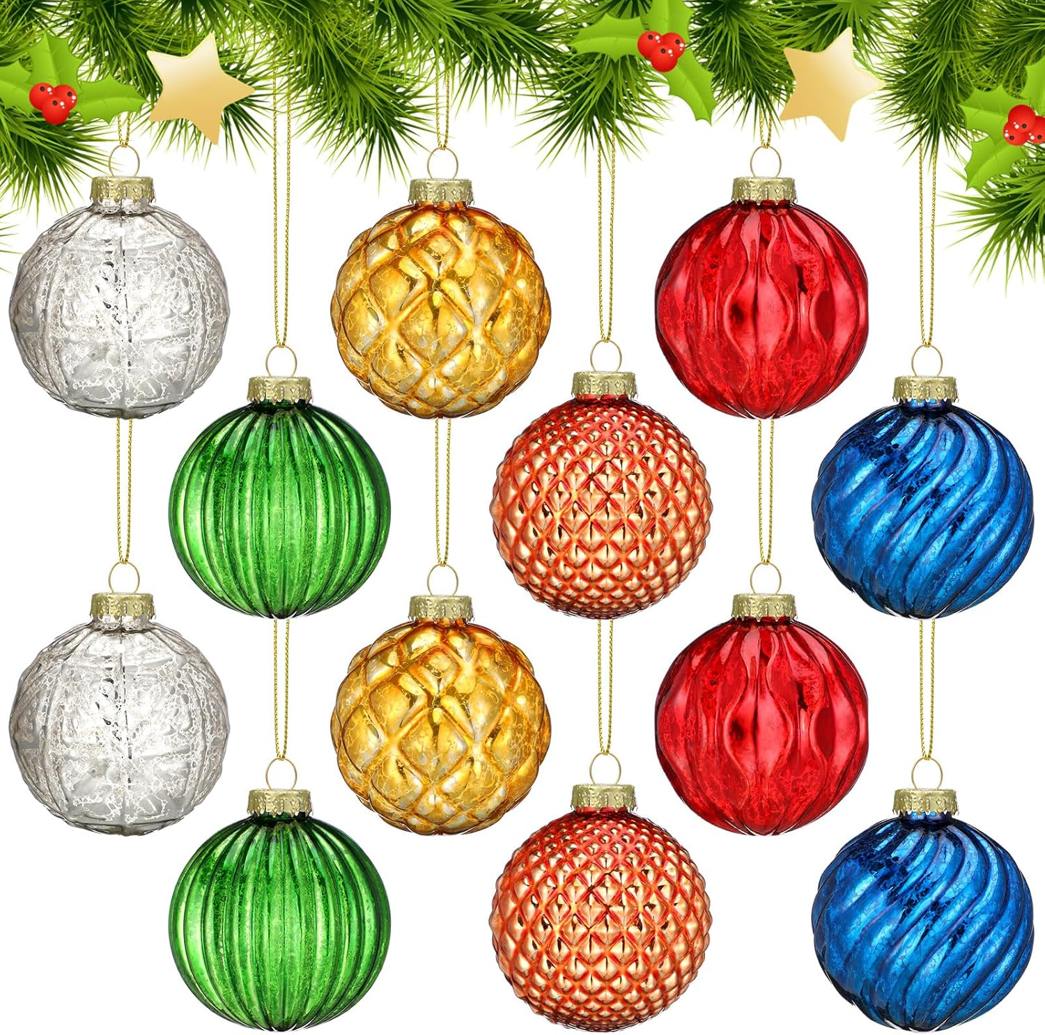Jenaai 12 Pcs 2.36 Inch Christmas Ball Ornaments Glass Christmas Tree Decorations Hanging Xmas Decorations for Trees Party Wedding Holiday, 6 Style(Red)