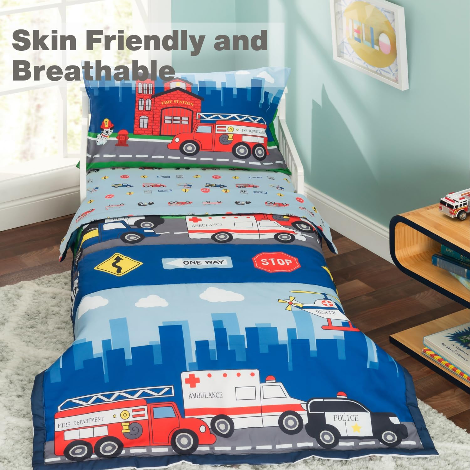 Everyday Kids 4 Piece Toddler Bedding Set -Fire and Police Rescue- Includes Comforter Flat Sheet Fitted Sheet and Reversible Pillowcase image number 3