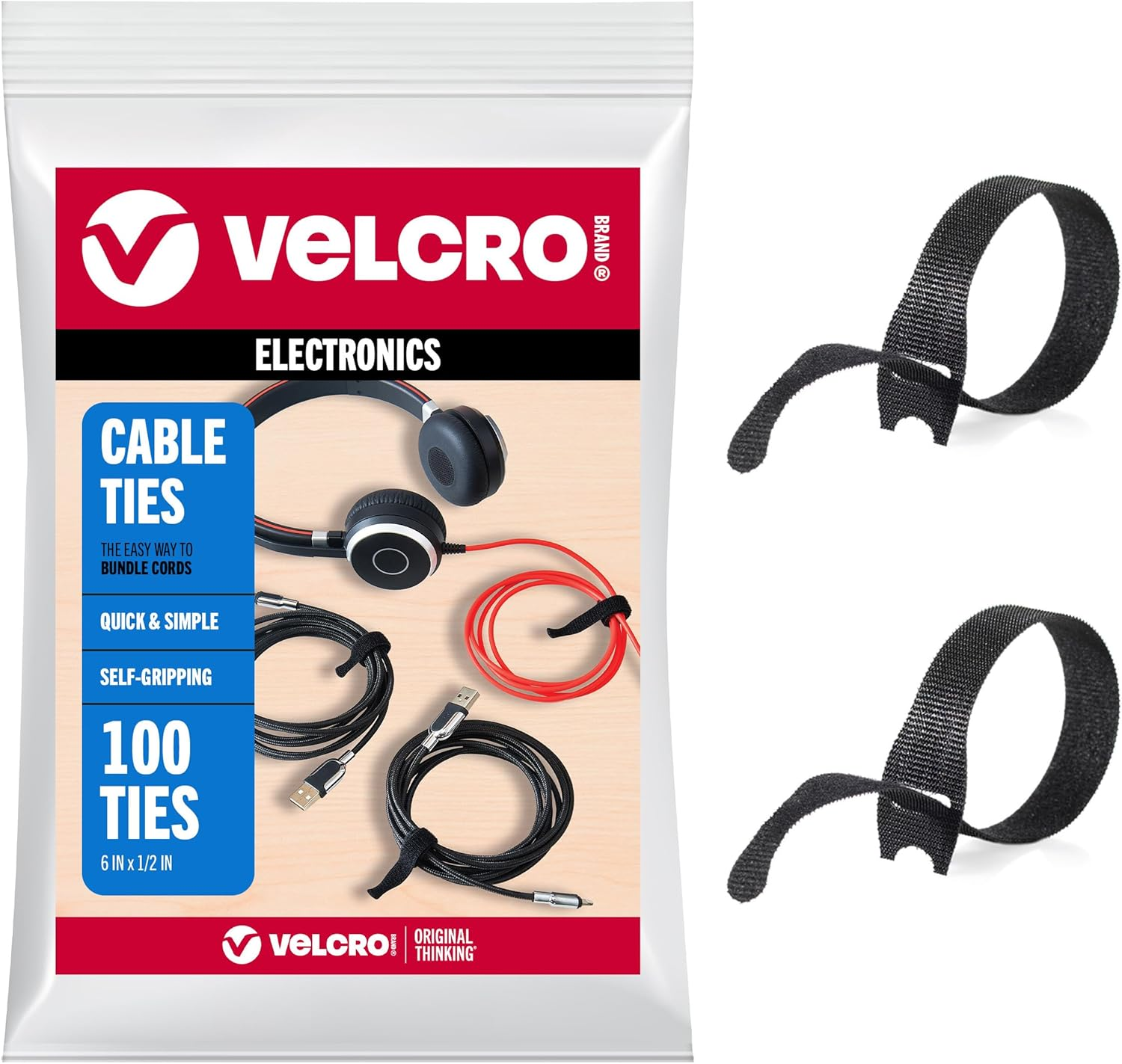 VELCRO Brand Reusable Cable Ties, 100 Pieces 15 Cm Electrical Cable Ties, Black