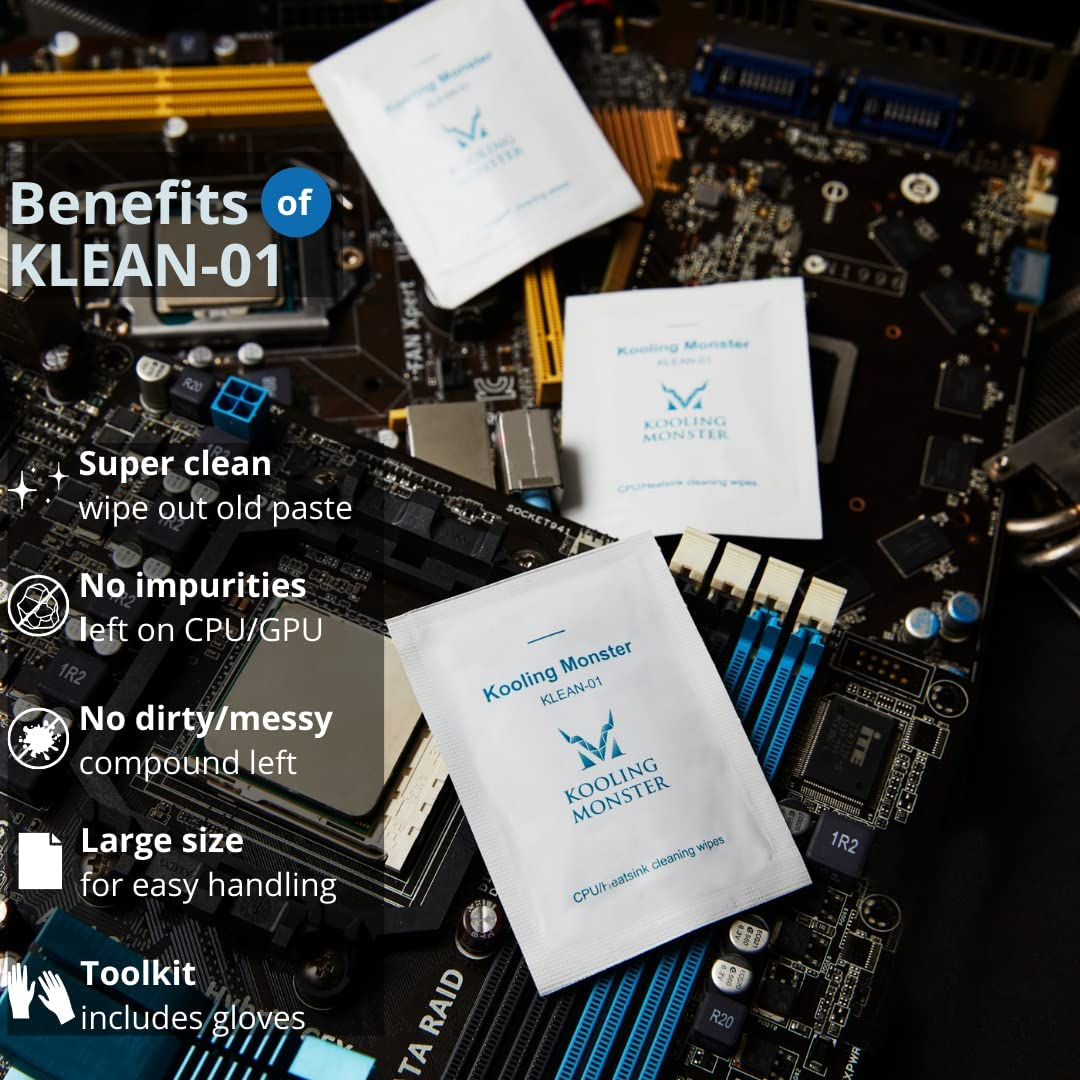 KLEAN-01, Thermal Paste Remover, No Impurities Thermal Compound Cleaning Wipes, Inc. Gloves (20 Wipes)