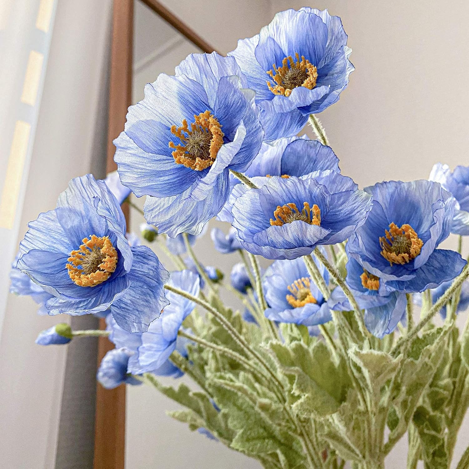 Kamang Artificial Poppy Blue Silk Flowers (3 Stems) for Home Decor, DIY Bouquet, Wedding. Real Touch Blue Silk Flower, Artificial Plants Poppy Blue Flowers Table Centerpiece (Himalayan Blue) - Apricot Coral image number 2