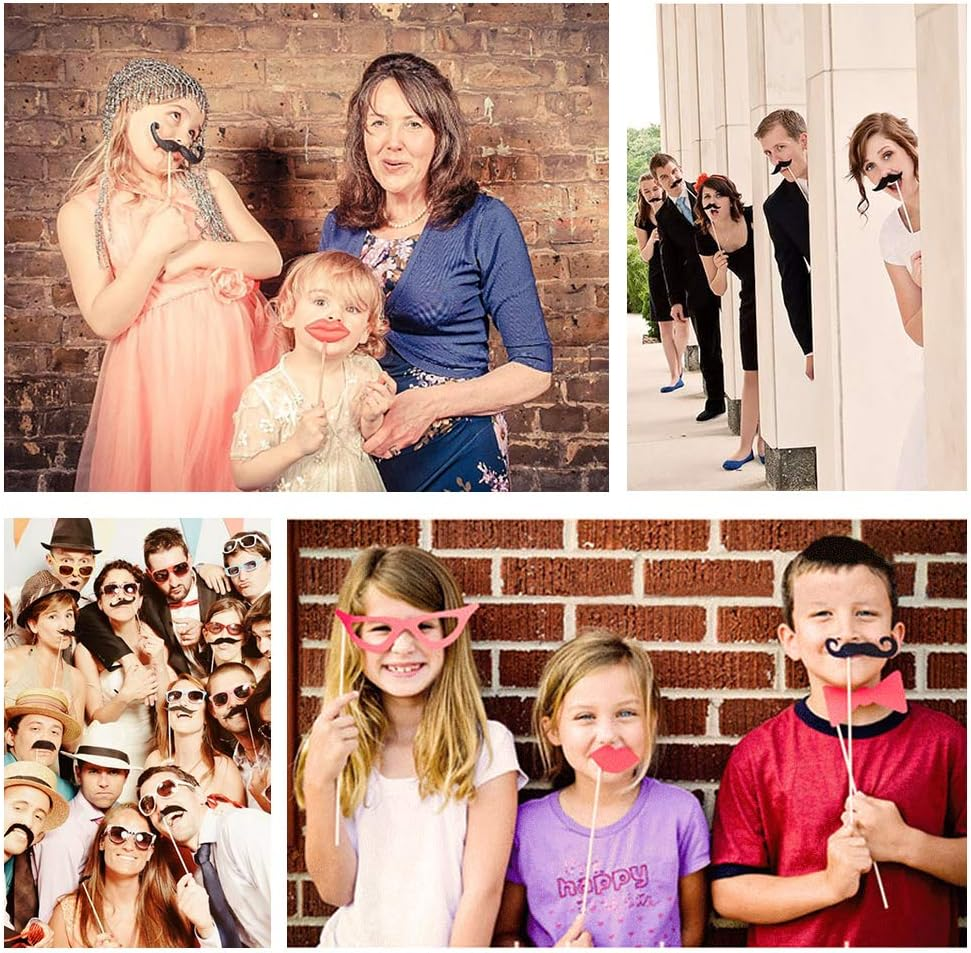 Party Props for Photo Booth Birthday Wedding Kids Adult Prom 58 Pcs, DIY Funny Skywoo Costumes with Mustache on a Stick, Hats, Glasses, Mouth, Bowler, Bowties image number 5