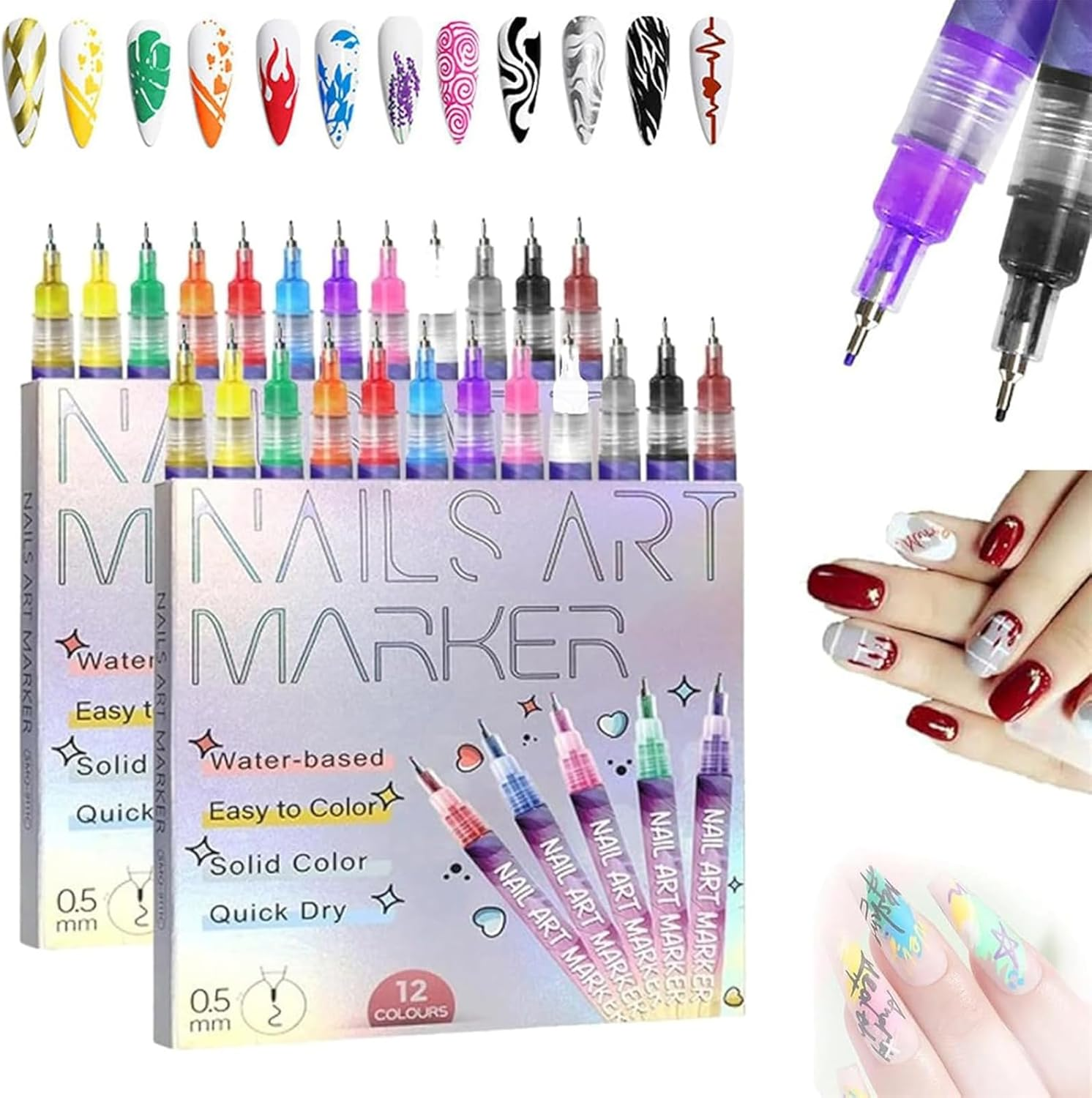 Pink Galaxy Nail Art Pens, 2026 New 12 Colors Nail Art Pens Set, Quick Drying Nails Polish Markers DIY Nails Arts Tools for Painting, Graffiti, Dottings, Drawing (2Set)