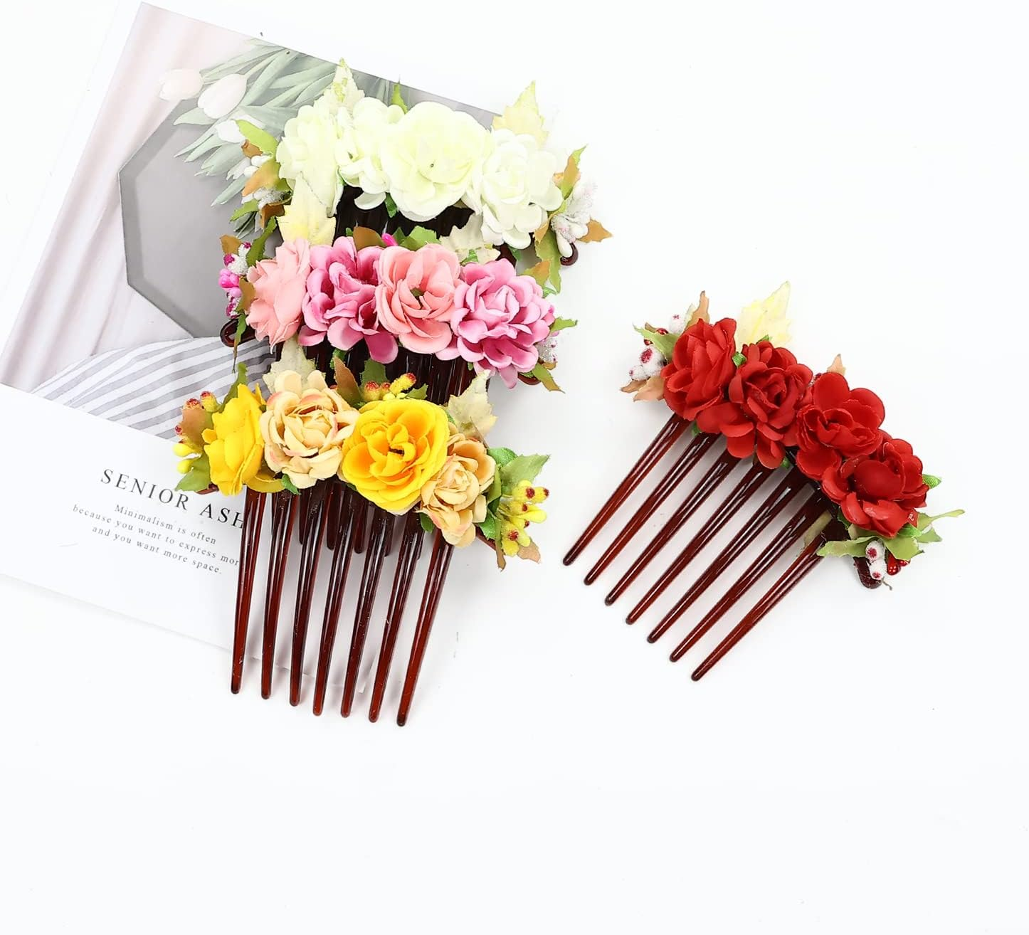 Cinaci 4 Pack Artificial Flower Plastic Hair Side Combs Slides Clips Rose Floral Wedding Bridal Headpieces Hairpins Barrettes Bun Chignon Hair Accessories for Women Flower Girls Brides Bridesmaids image number 4