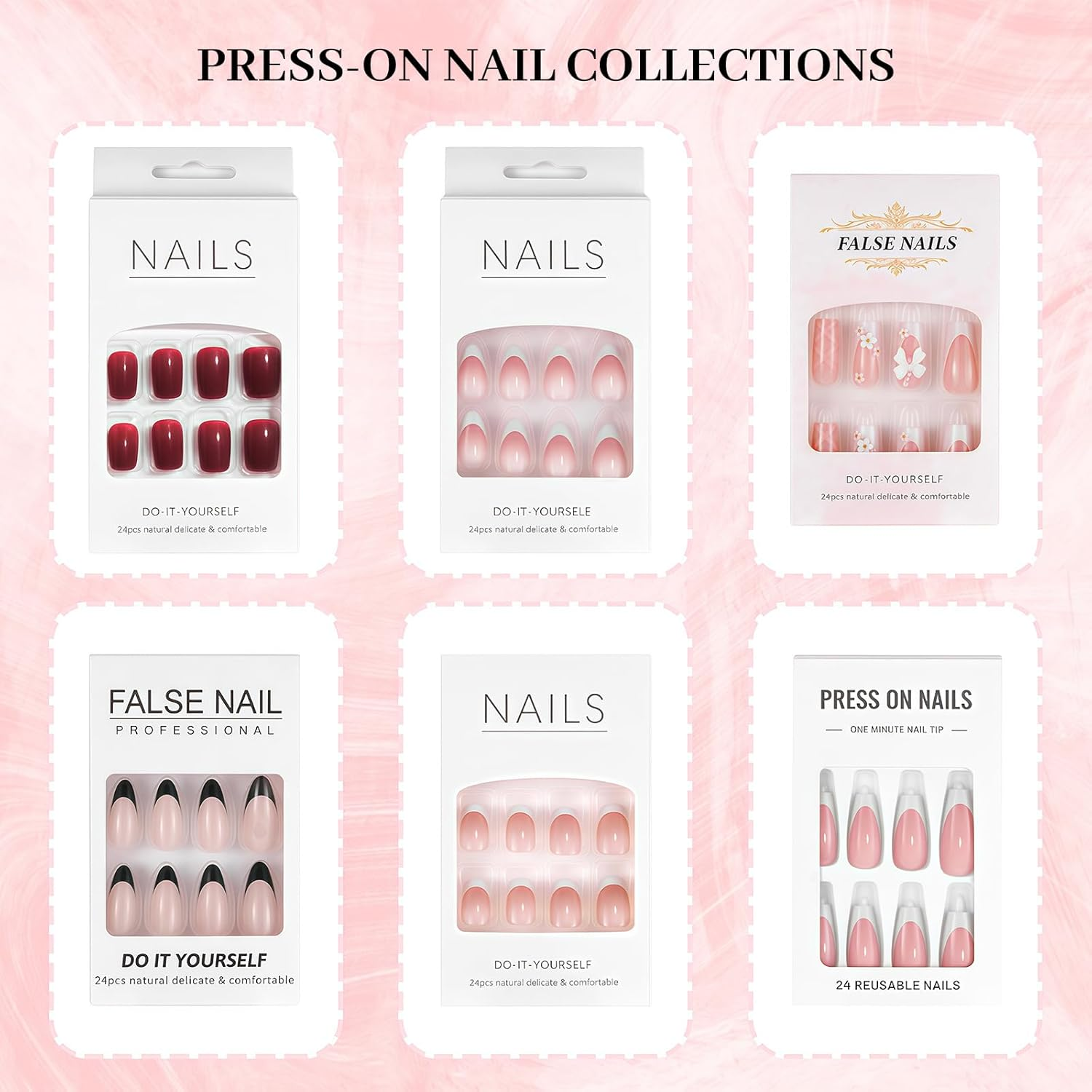 Press on Nails,24Pcs French Tip False Nails Pink False Nails Glossy Square Fake Nails Reusable & Acrylic,3D Pink image number 6